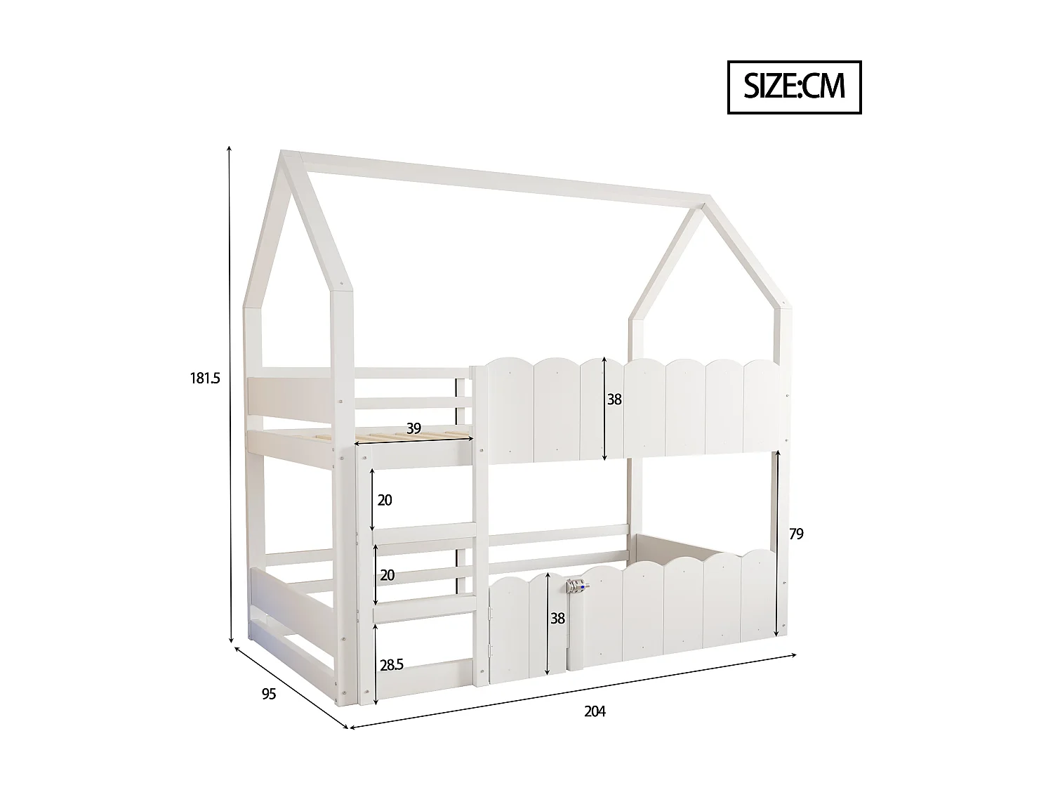 Lit superposé pour enfants 90x200 cm - design en forme de maison - avec barrières de sécurité - Blanc (matelas non inclus)