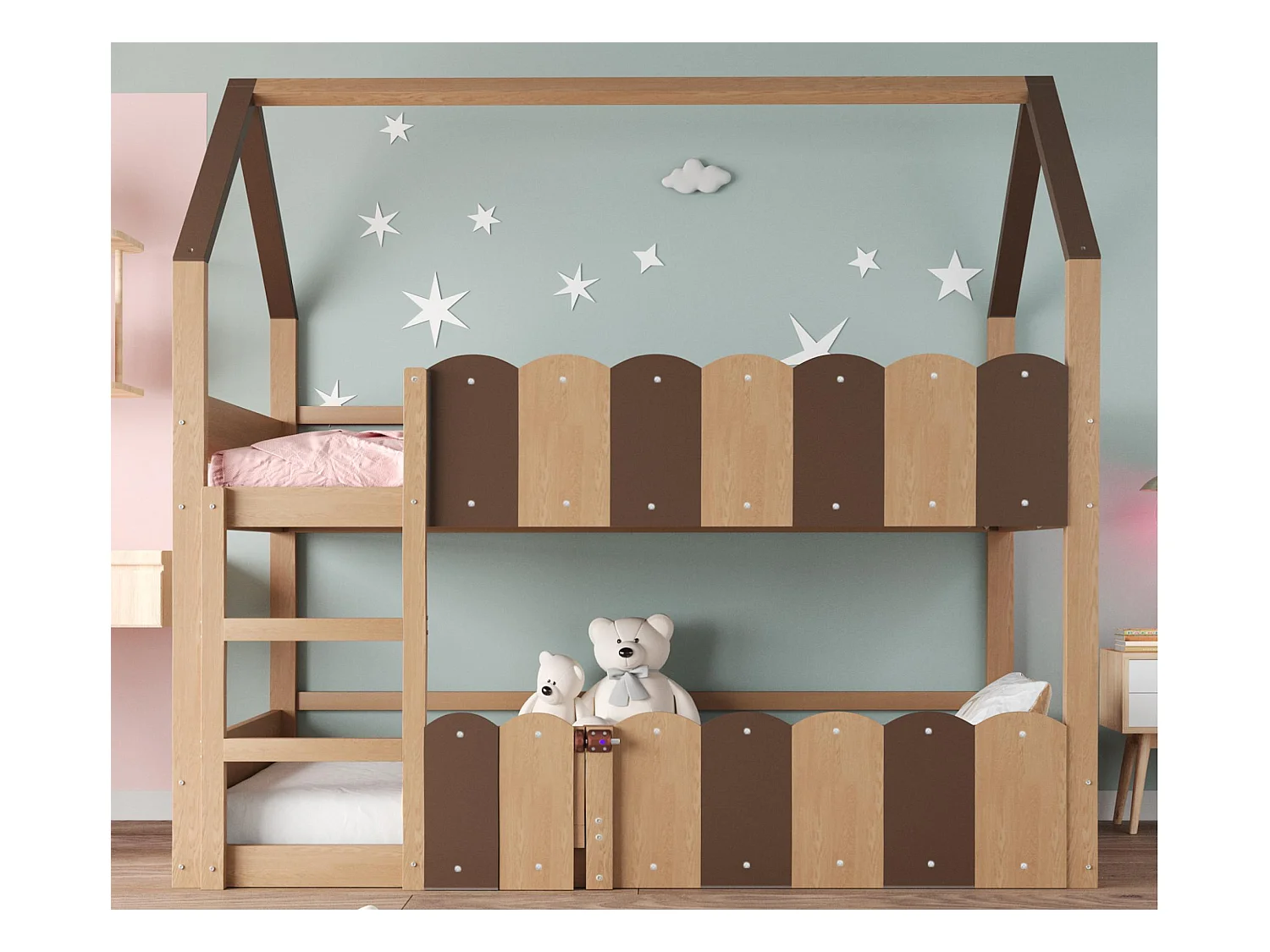 Lit superposé pour enfants 90x200 cm - design en forme de maison - avec barrières de sécurité - Naturel (matelas non inclus)