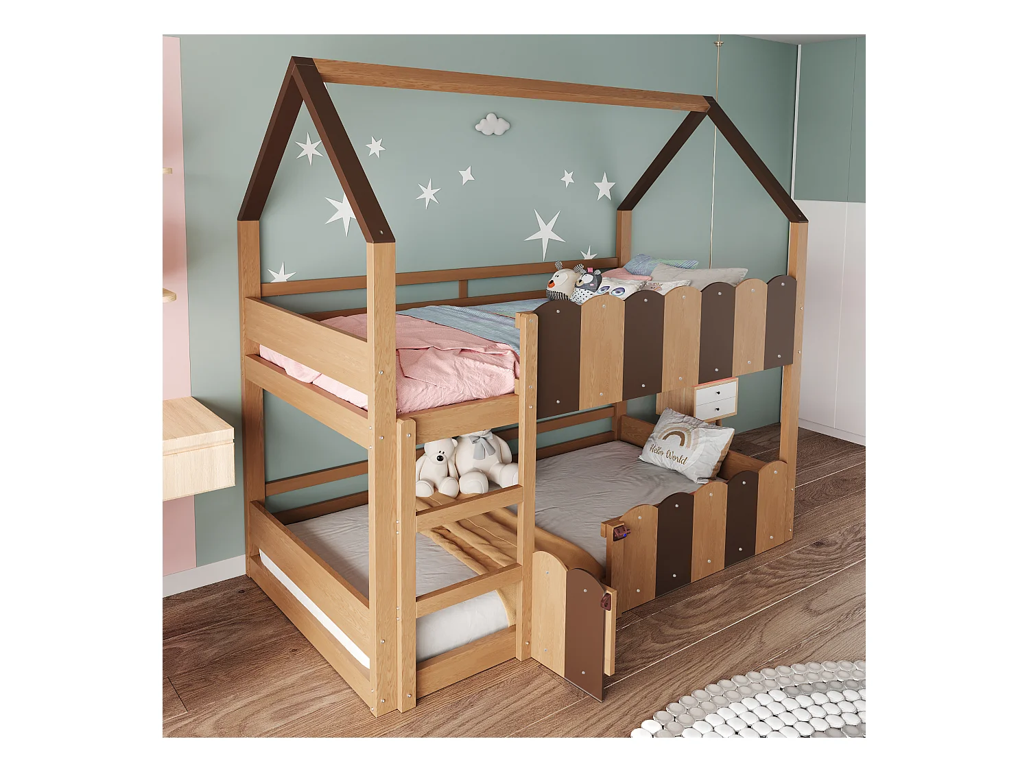 Lit superposé pour enfants 90x200 cm - design en forme de maison - avec barrières de sécurité - Naturel (matelas non inclus)