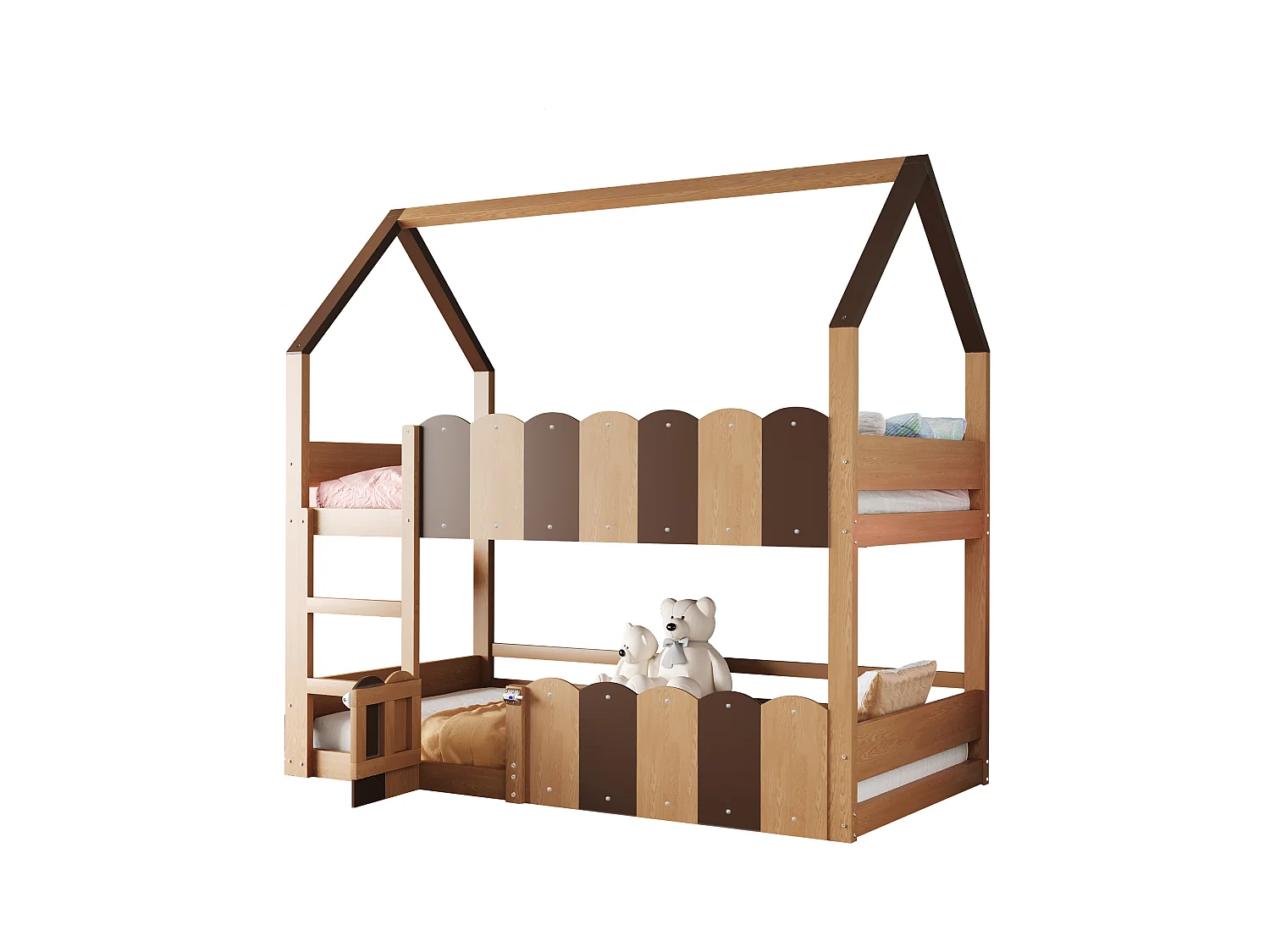 Lit superposé pour enfants 90x200 cm - design en forme de maison - avec barrières de sécurité - Naturel (matelas non inclus)