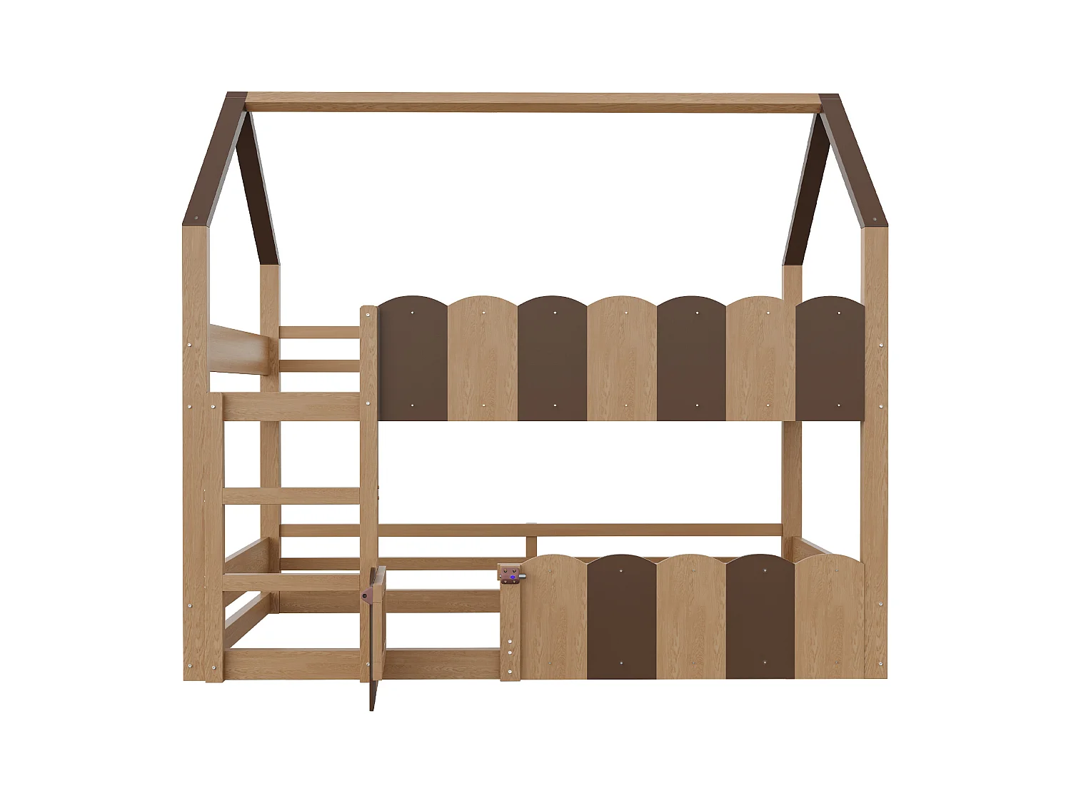 Lit superposé pour enfants 90x200 cm - design en forme de maison - avec barrières de sécurité - Naturel (matelas non inclus)
