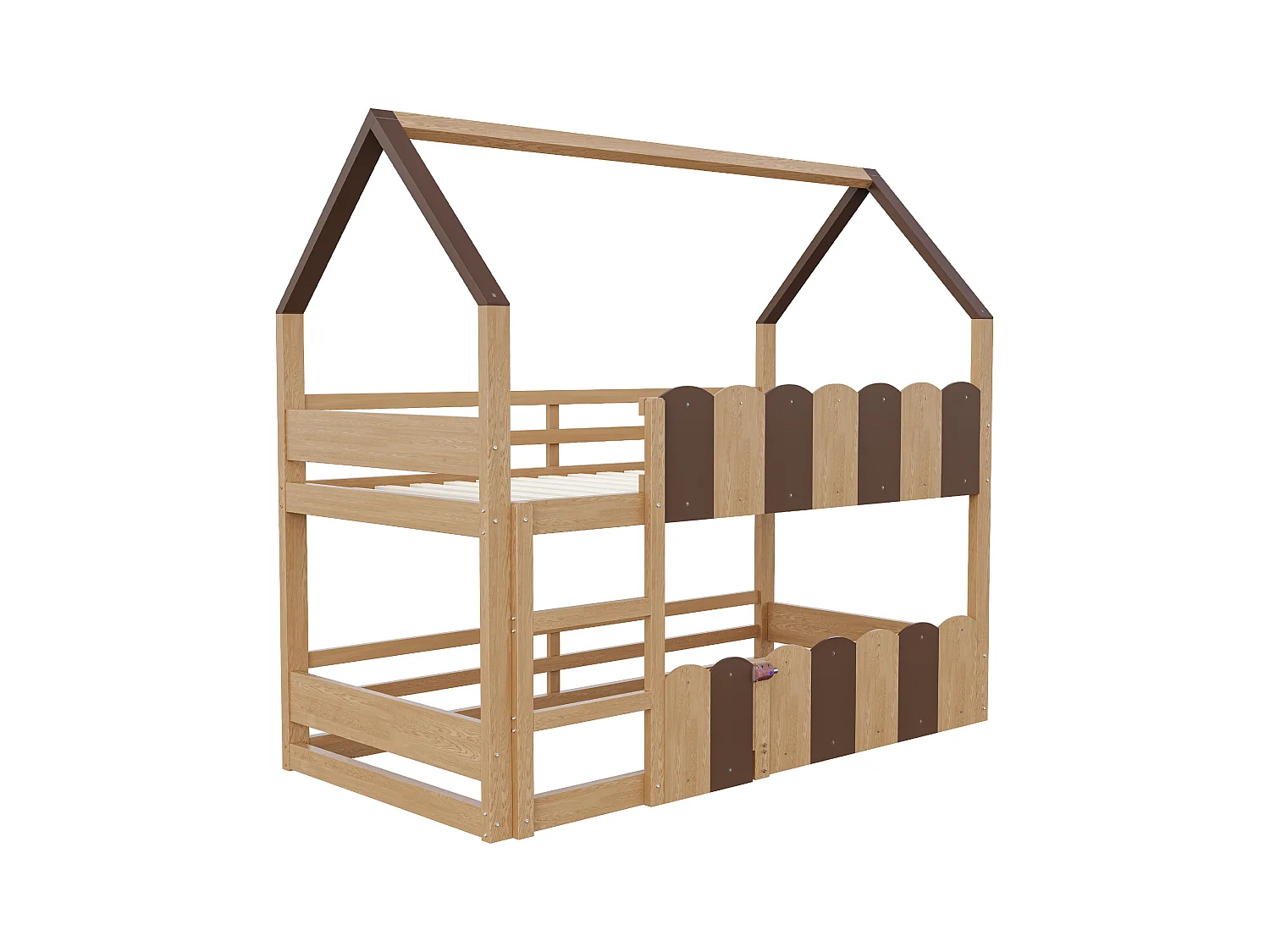 Lit superposé pour enfants 90x200 cm - design en forme de maison - avec barrières de sécurité - Naturel (matelas non inclus)