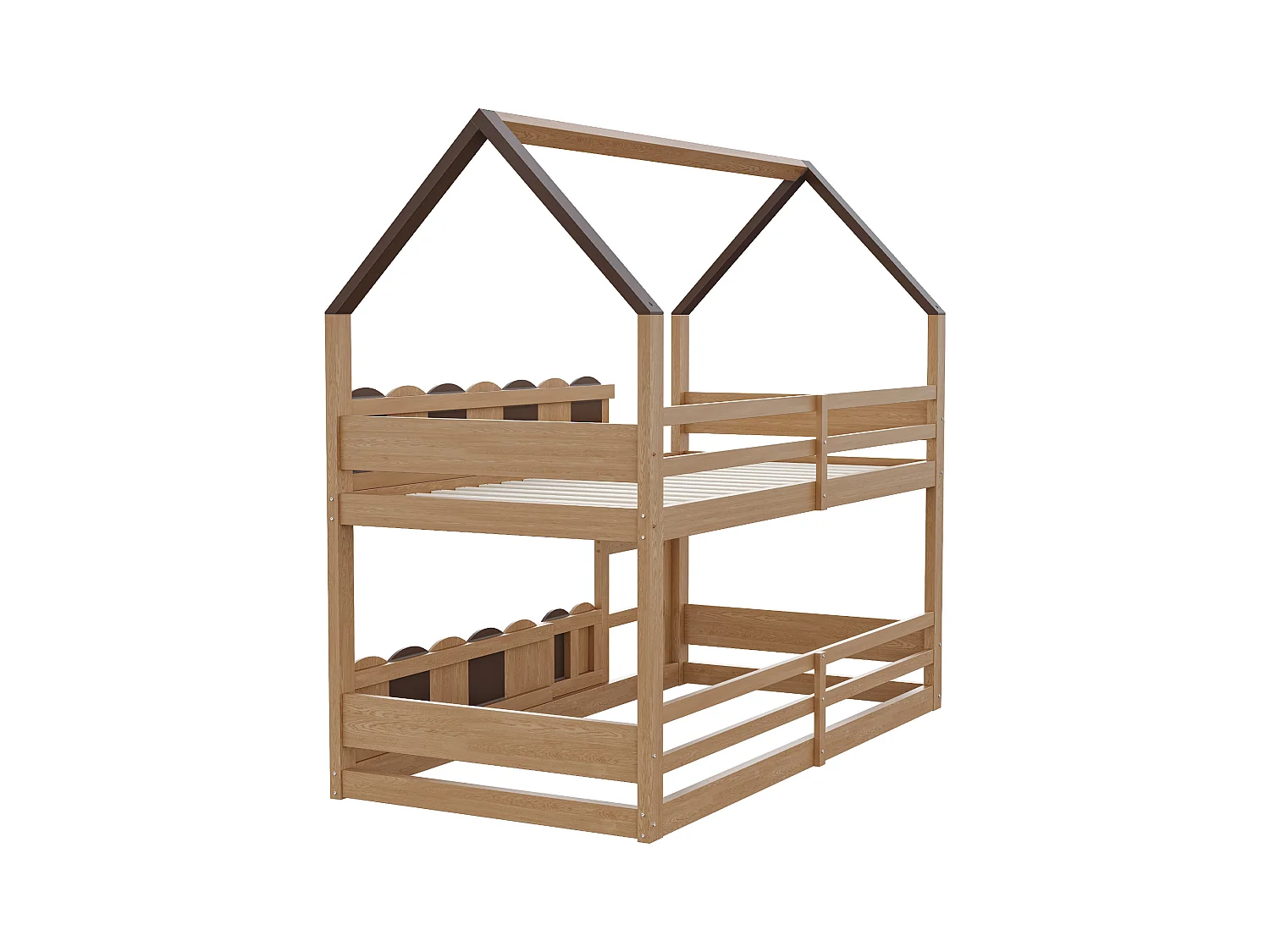 Lit superposé pour enfants 90x200 cm - design en forme de maison - avec barrières de sécurité - Naturel (matelas non inclus)