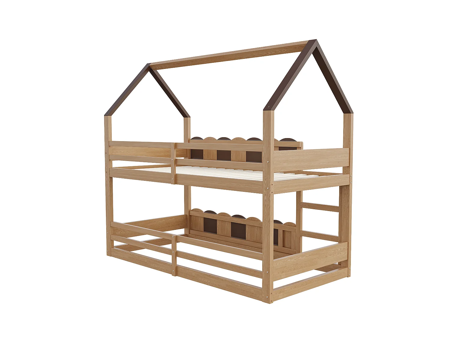 Lit superposé pour enfants 90x200 cm - design en forme de maison - avec barrières de sécurité - Naturel (matelas non inclus)
