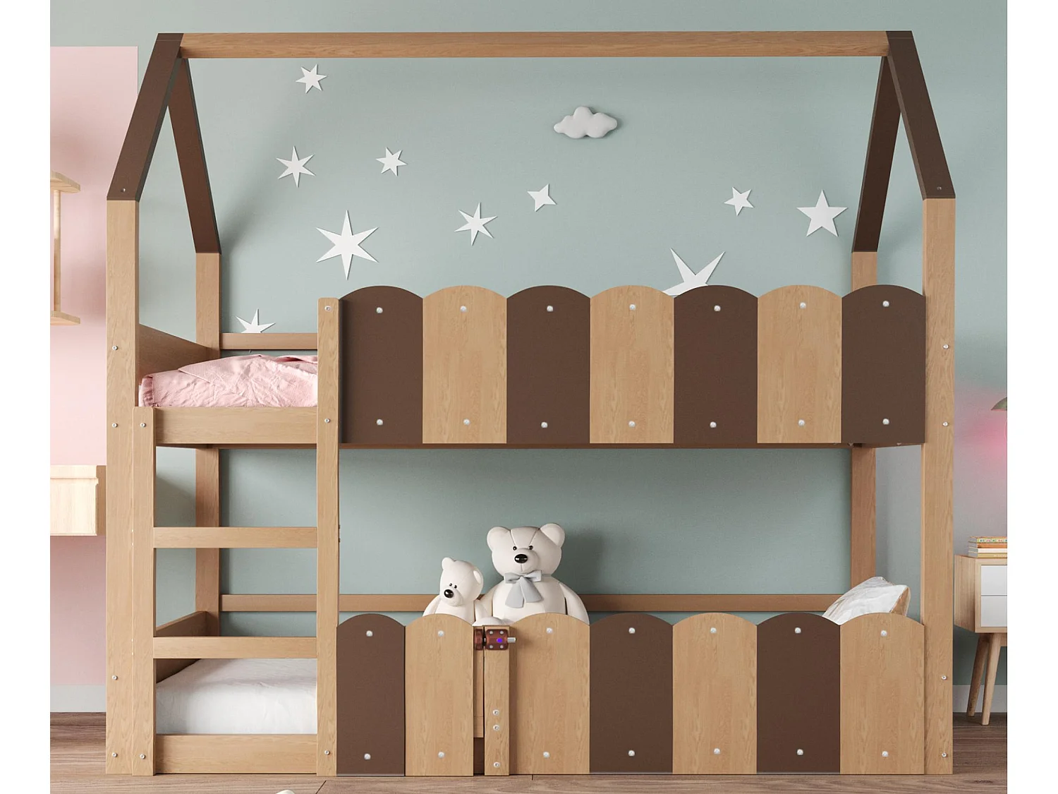 literas para niños 90x200 cm - Diseño en forma de casa - Con barreras de seguridad - ​​Natural​​ (colchón no incluido)