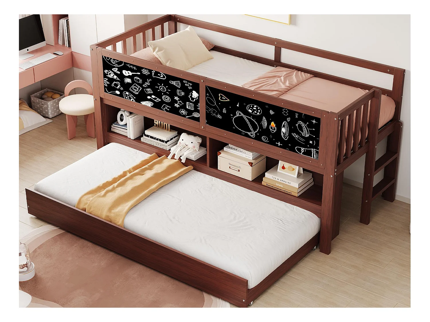 Kinderbett 90x200 cm - mit ausziehbarer Schlaffunktion - mit Stauraum - mit Zeichentafel - Braun (Matratze nicht inbegriffen)