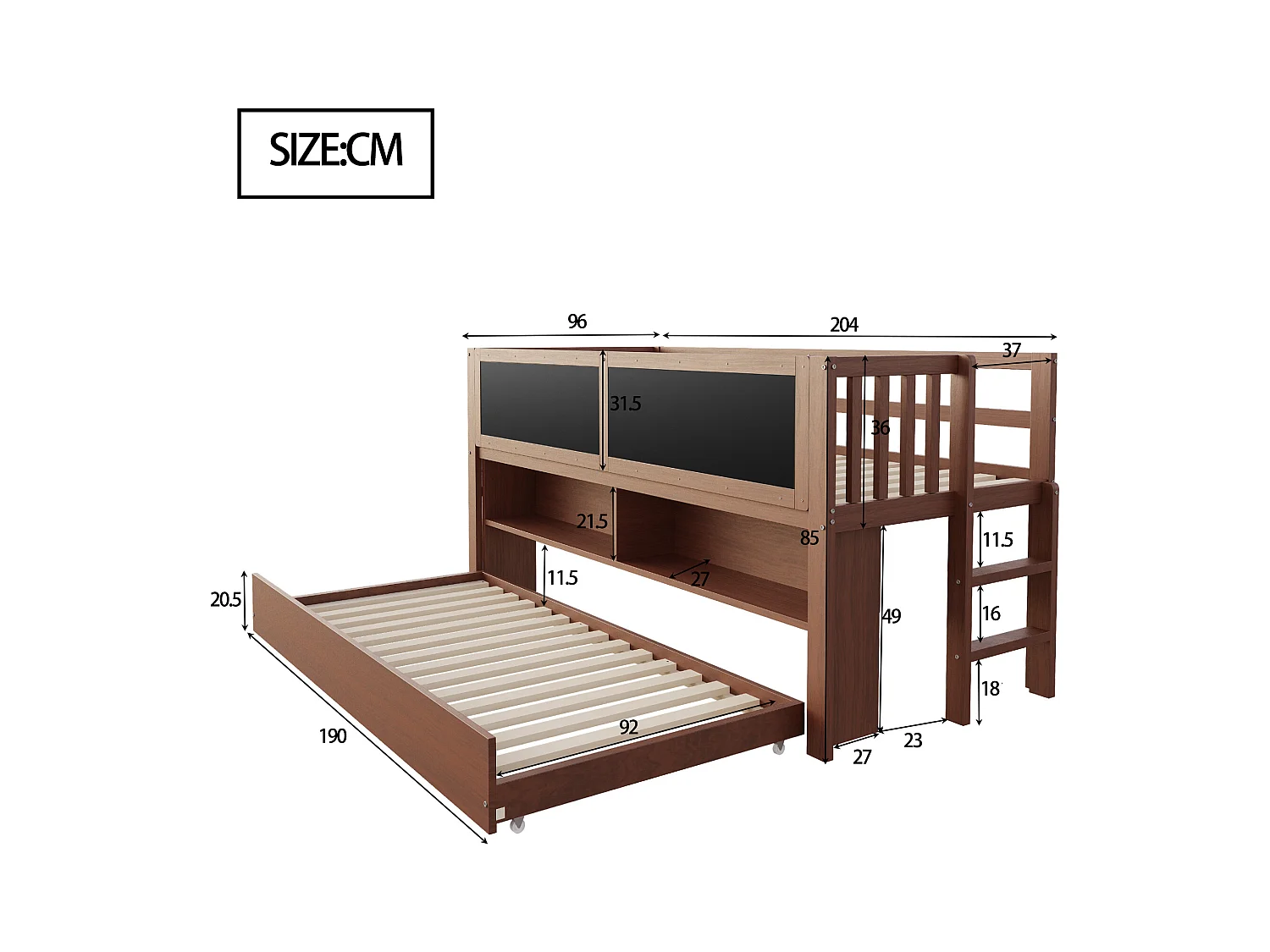 Kinderbett 90x200 cm - mit ausziehbarer Schlaffunktion - mit Stauraum - mit Zeichentafel - Braun (Matratze nicht inbegriffen)