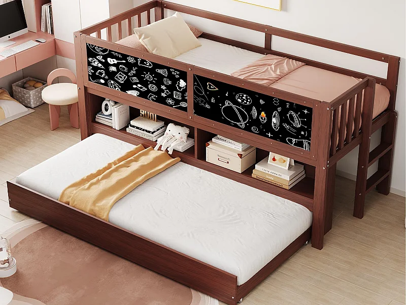 Lit enfant 90x200 cm - avec lit gigogne - avec rangement - avec tableau à dessin - Marron (matelas non inclus)