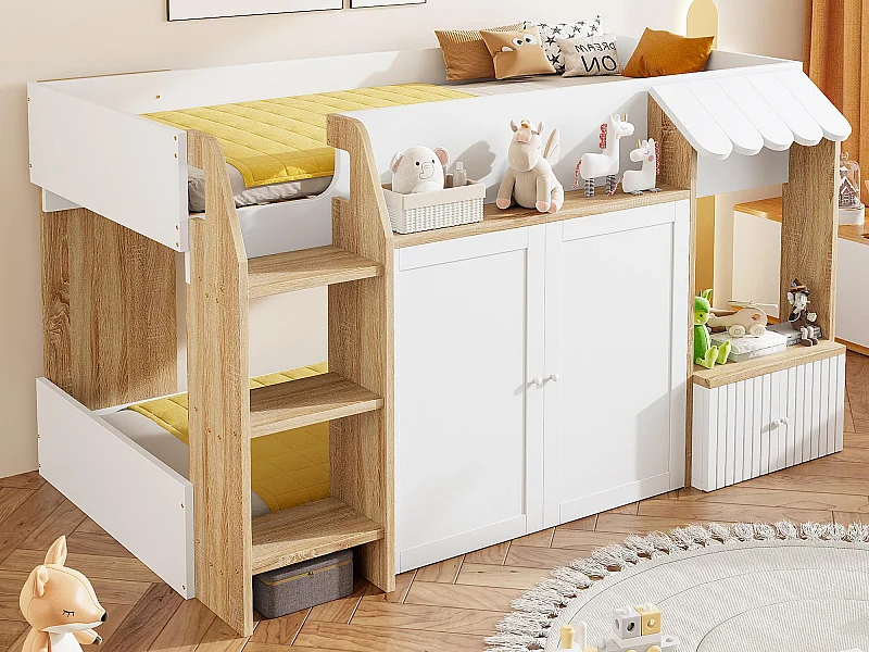 Lit enfant 90x200 cm - 4 portes - avec échelle - Naturel + Blanc (matelas non inclus)