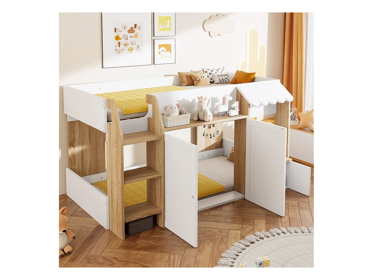 Lit enfant 90x200 cm - 4 portes - avec échelle - Naturel + Blanc (matelas non inclus)