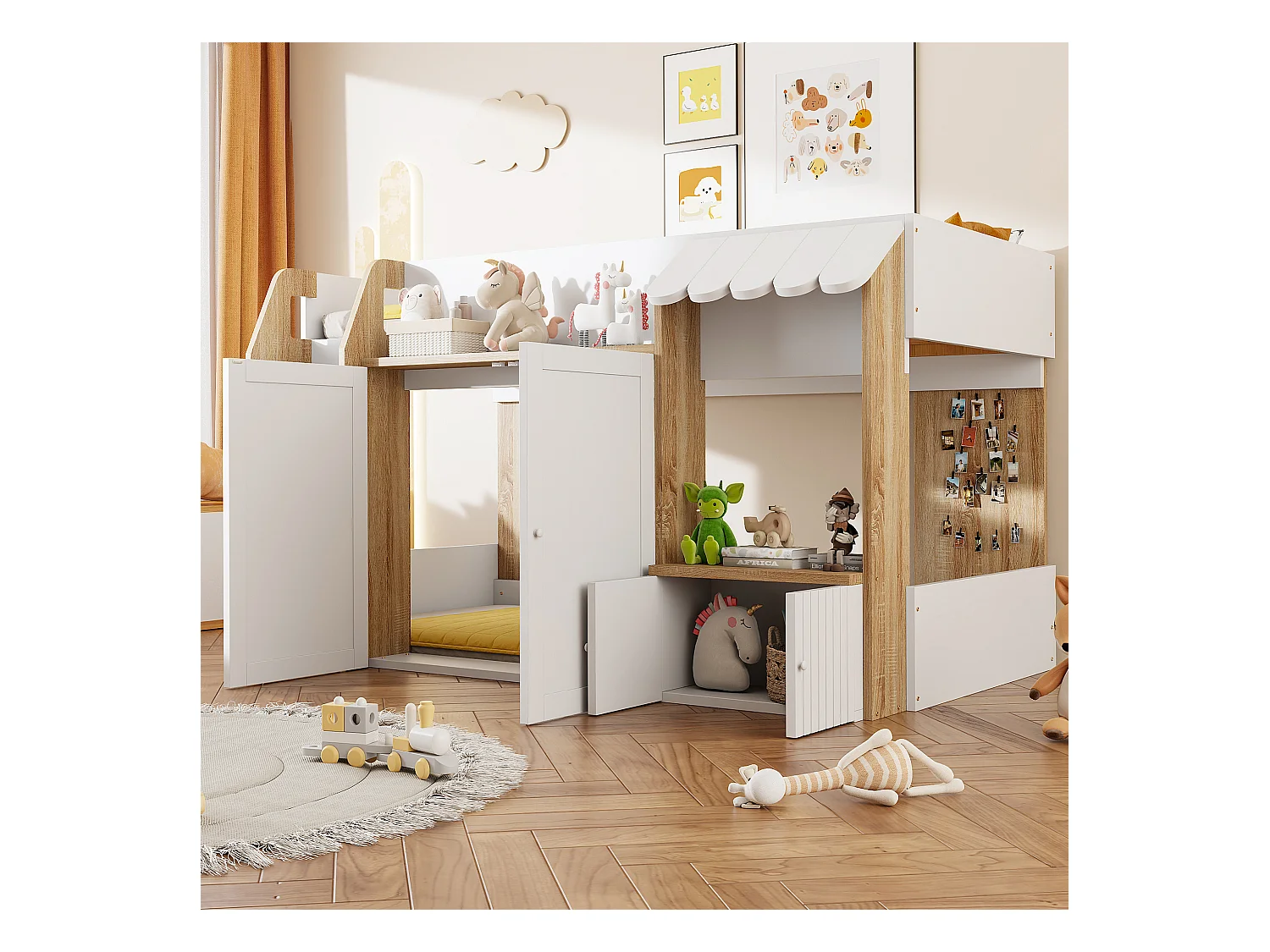 Lit enfant 90x200 cm - 4 portes - avec échelle - Naturel + Blanc (matelas non inclus)