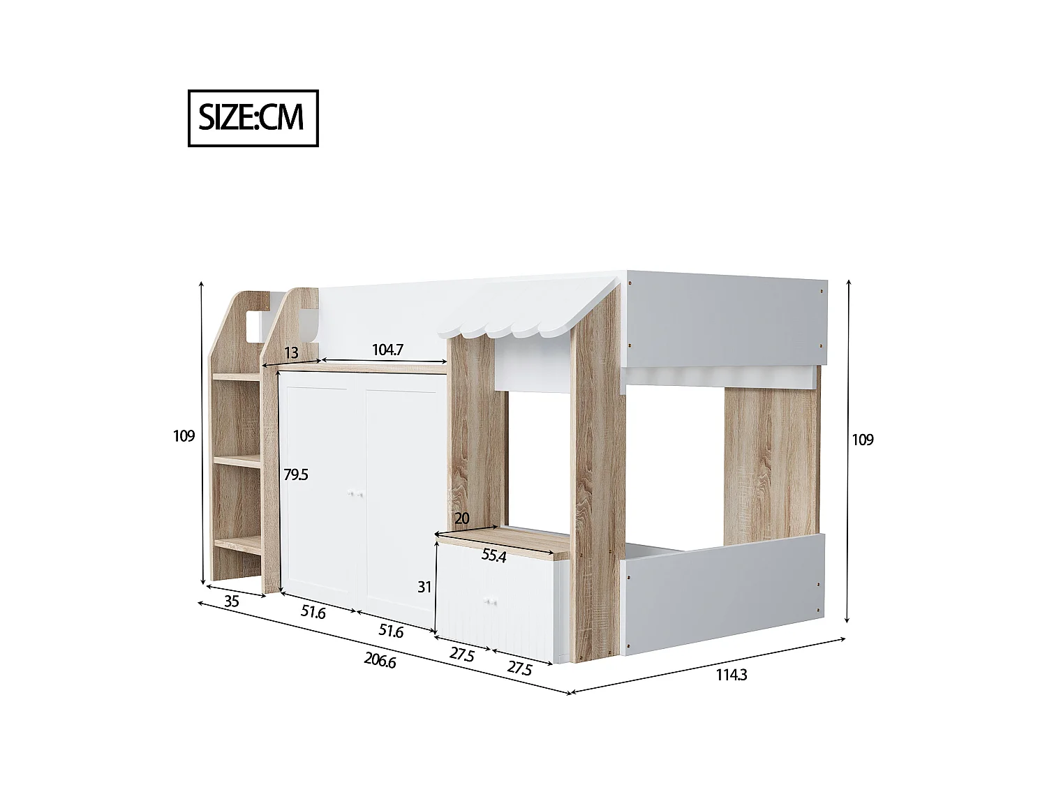 Lit enfant 90x200 cm - 4 portes - avec échelle - Naturel + Blanc (matelas non inclus)