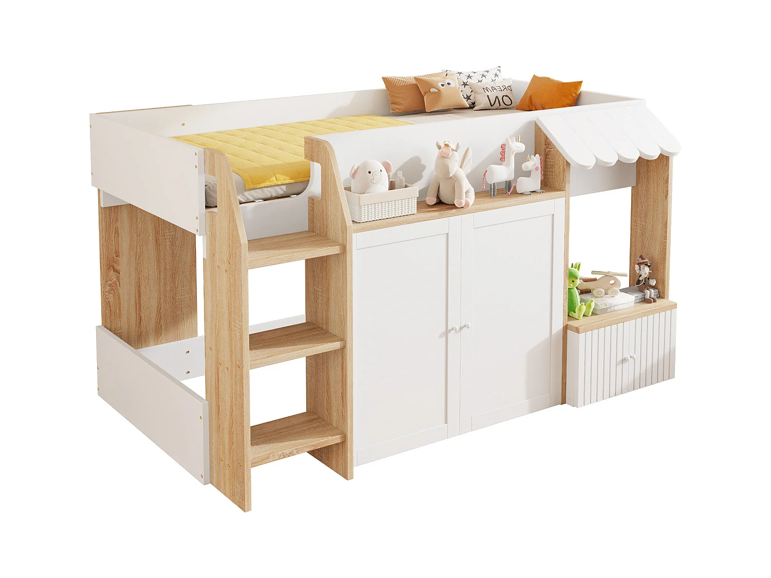 Lit enfant 90x200 cm - 4 portes - avec échelle - Naturel + Blanc (matelas non inclus)