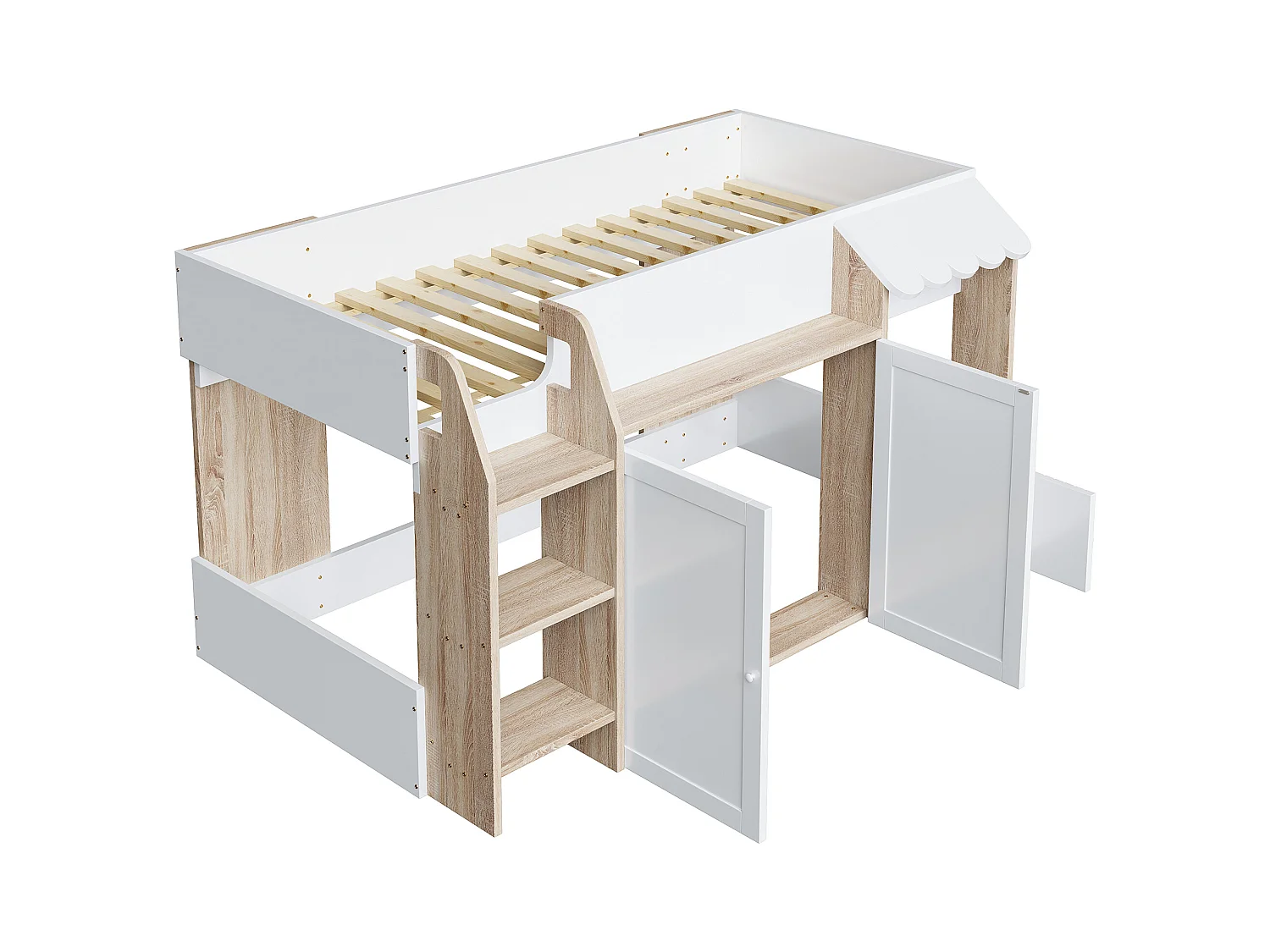 Lit enfant 90x200 cm - 4 portes - avec échelle - Naturel + Blanc (matelas non inclus)