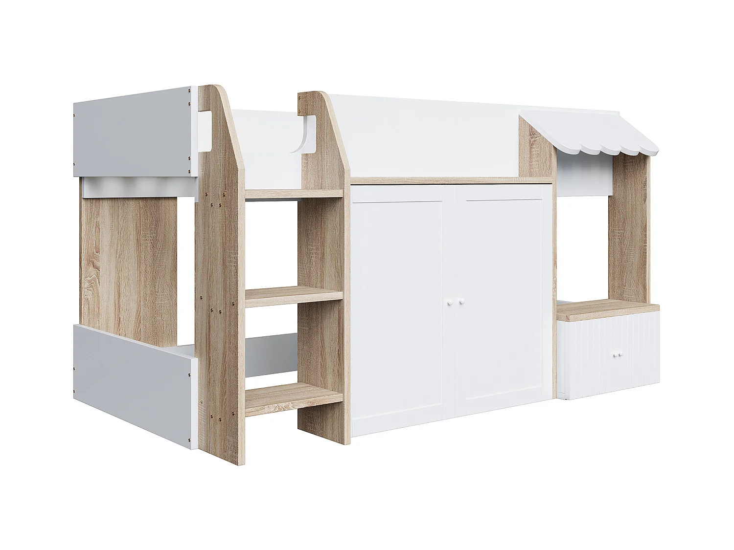 Lit enfant 90x200 cm - 4 portes - avec échelle - Naturel + Blanc (matelas non inclus)