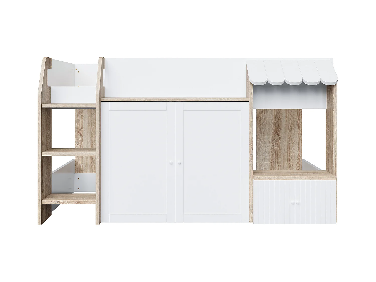 Lit enfant 90x200 cm - 4 portes - avec échelle - Naturel + Blanc (matelas non inclus)