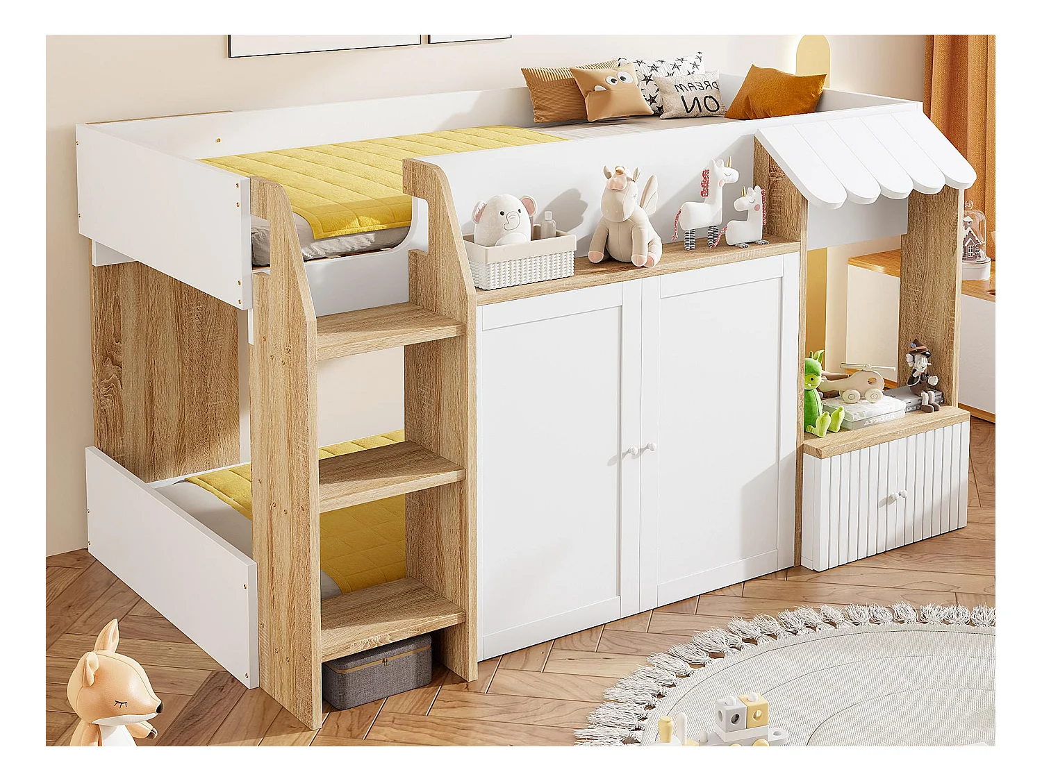 Lit enfant 90x200 cm - 4 portes - avec échelle - Naturel + Blanc (matelas non inclus)
