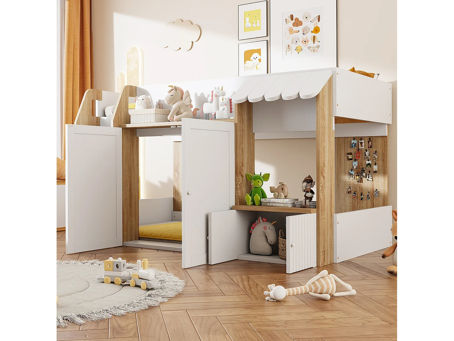 Lit enfant 90x200 cm - 4 portes - avec échelle - Naturel + Blanc (matelas non inclus)