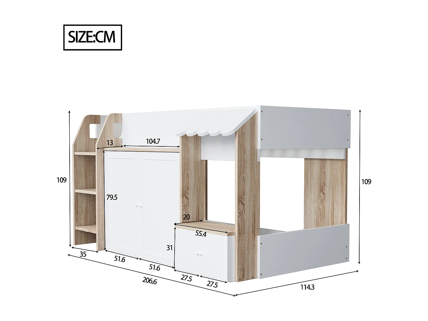 Lit enfant 90x200 cm - 4 portes - avec échelle - Naturel + Blanc (matelas non inclus)