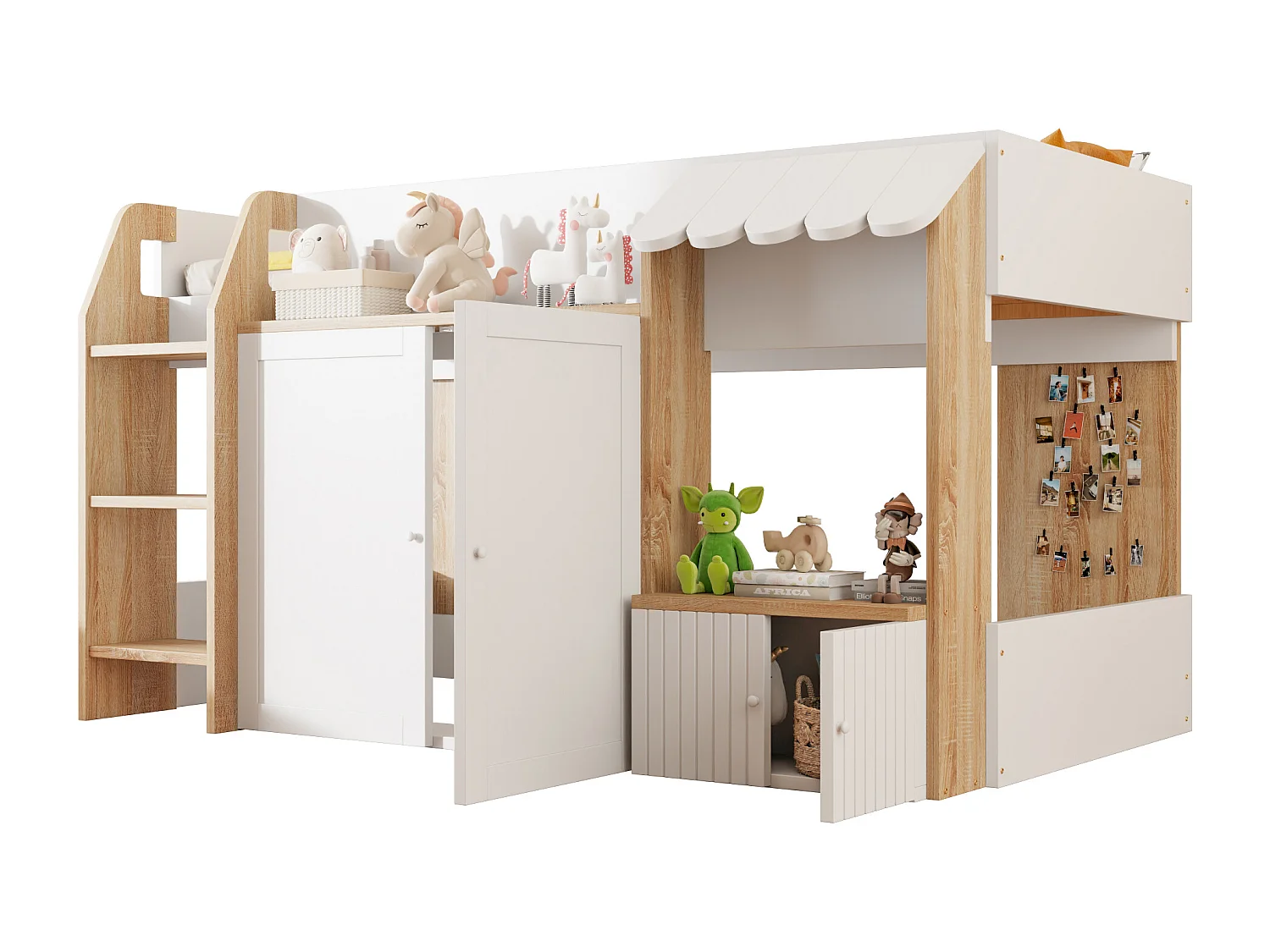 Lit enfant 90x200 cm - 4 portes - avec échelle - Naturel + Blanc (matelas non inclus)