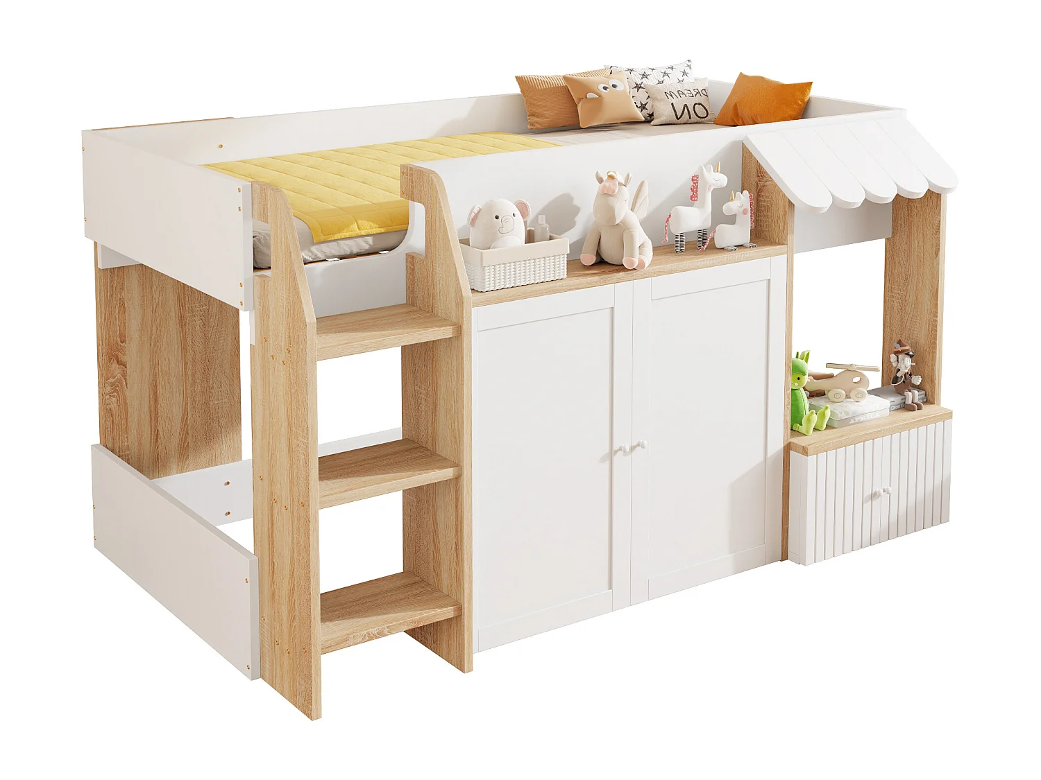 Lit enfant 90x200 cm - 4 portes - avec échelle - Naturel + Blanc (matelas non inclus)