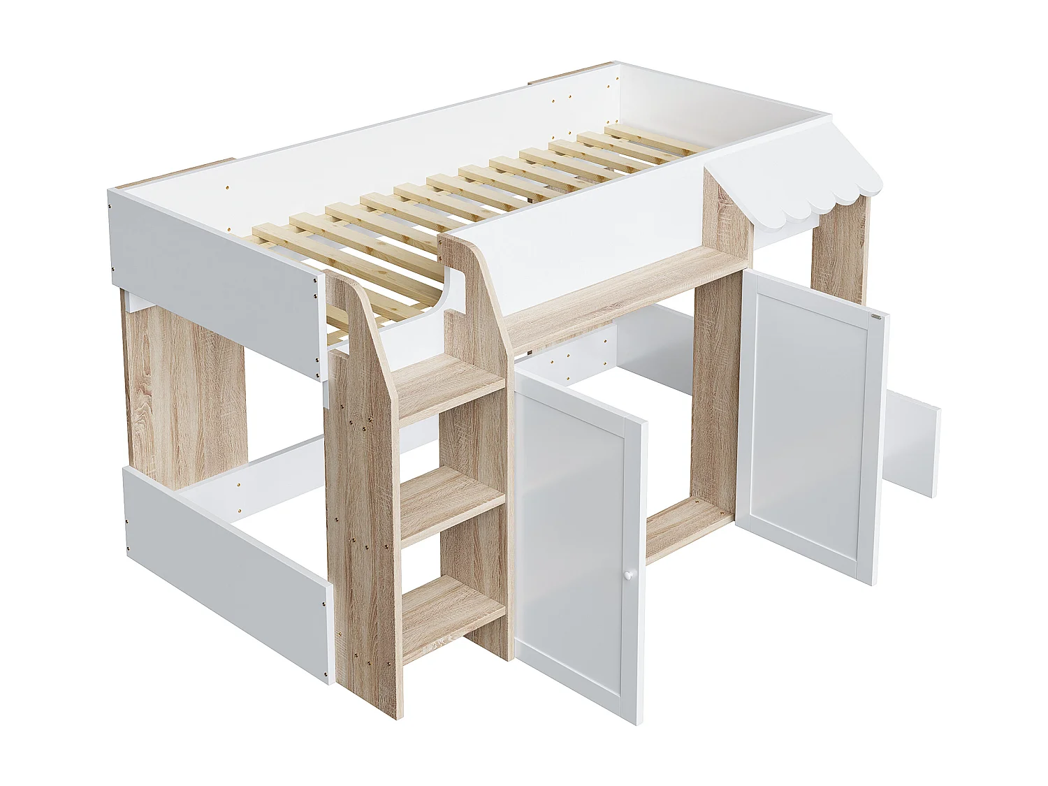 Lit enfant 90x200 cm - 4 portes - avec échelle - Naturel + Blanc (matelas non inclus)