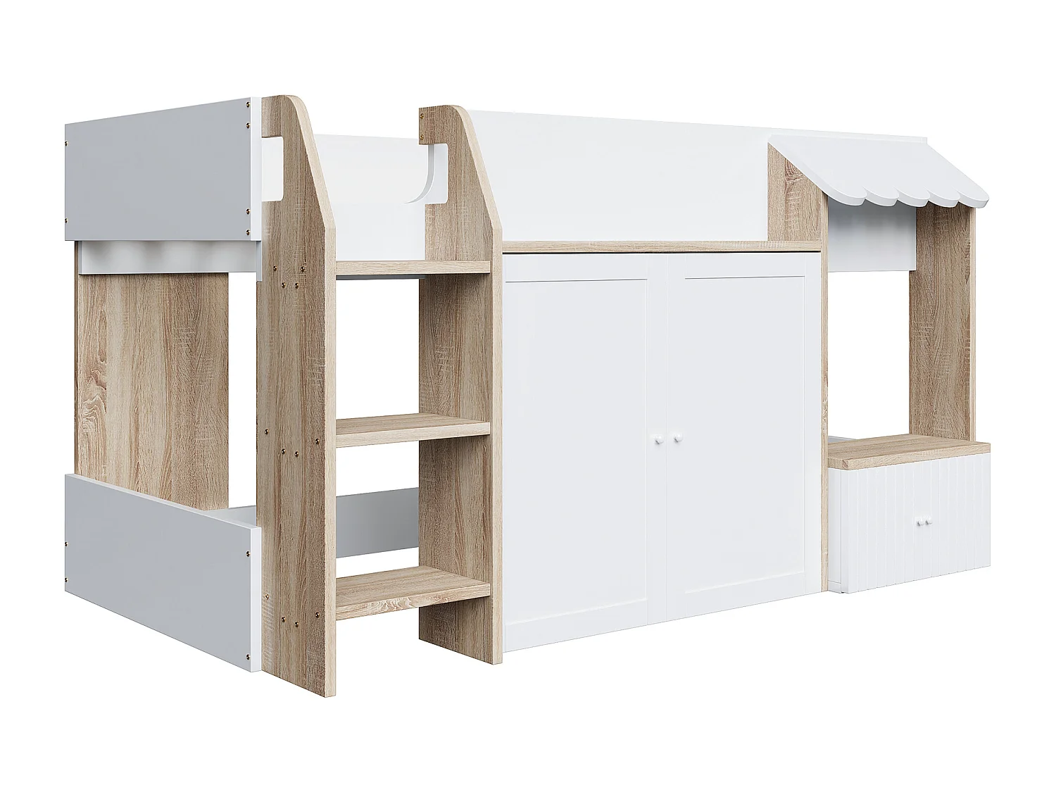 Lit enfant 90x200 cm - 4 portes - avec échelle - Naturel + Blanc (matelas non inclus)