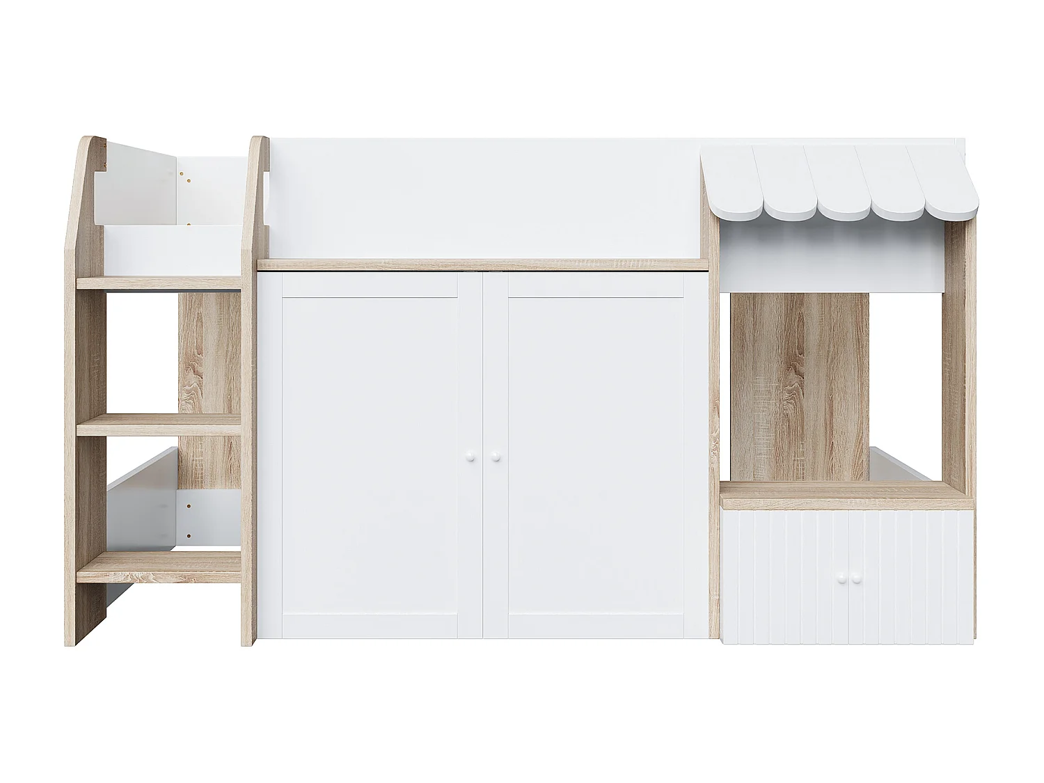 Lit enfant 90x200 cm - 4 portes - avec échelle - Naturel + Blanc (matelas non inclus)