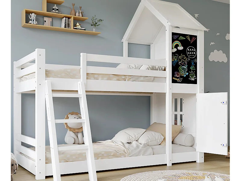 Lits superposés pour enfants 90x200cm - avec 1 porte et tableau noir - avec échelle - bois massif + MDF + PB + contreplaqué - Blanc (sans matelas)