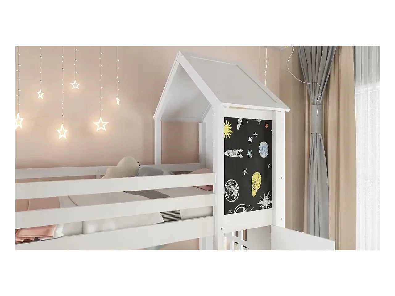 Lits superposés pour enfants 90x200cm - avec 1 porte et tableau noir - avec échelle - bois massif + MDF + PB + contreplaqué - Blanc (sans matelas)