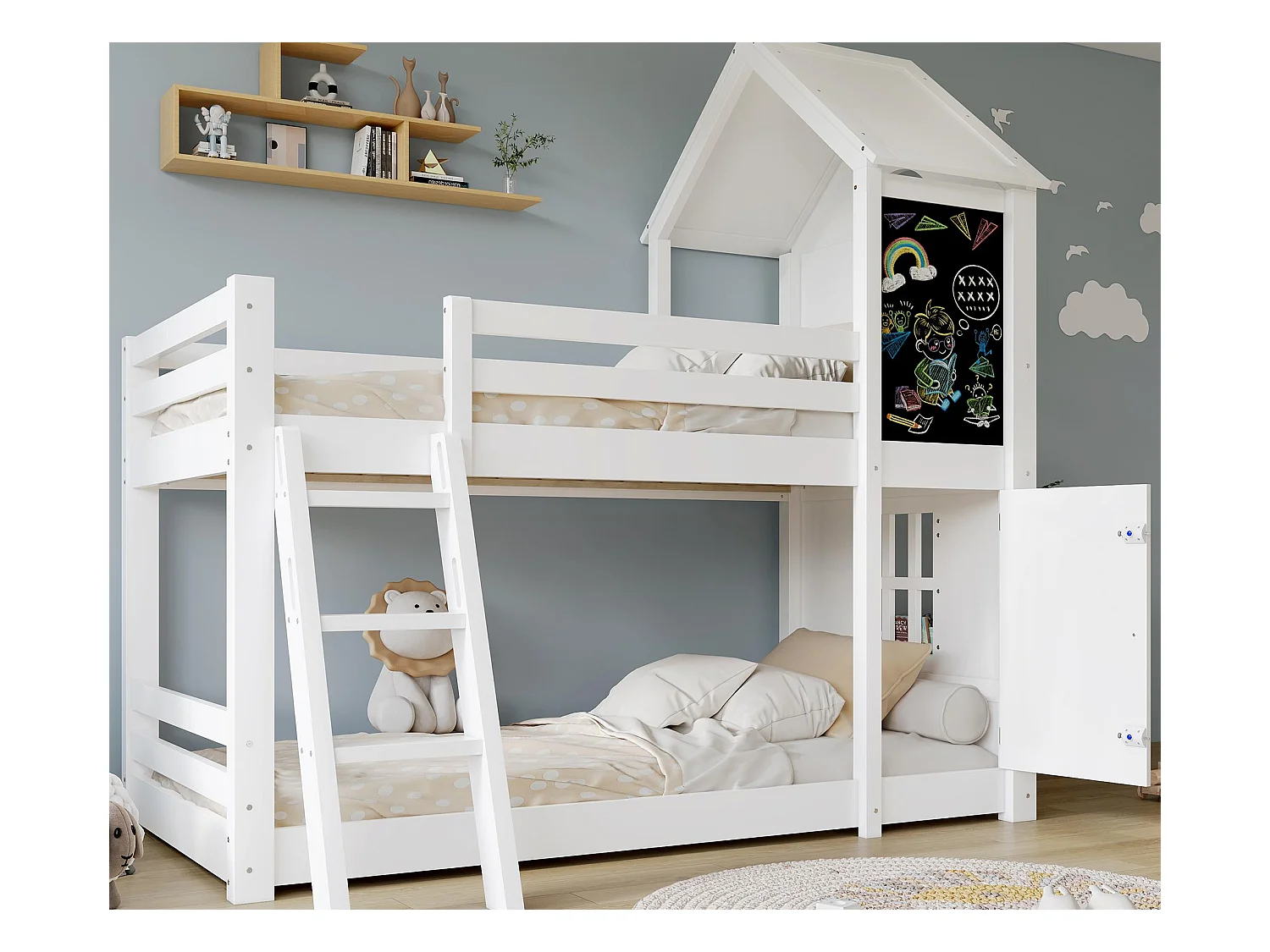 Lits superposés pour enfants 90x200cm - avec 1 porte et tableau noir - avec échelle - bois massif + MDF + PB + contreplaqué - Blanc (sans matelas)