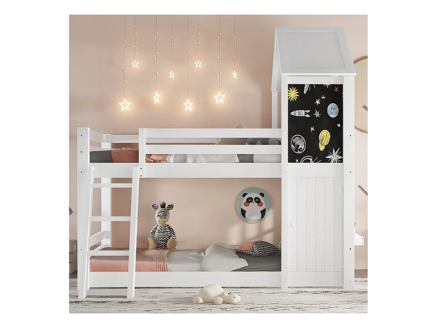 Lits superposés pour enfants 90x200cm - avec 1 porte et tableau noir - avec échelle - bois massif + MDF + PB + contreplaqué - Blanc (sans matelas)