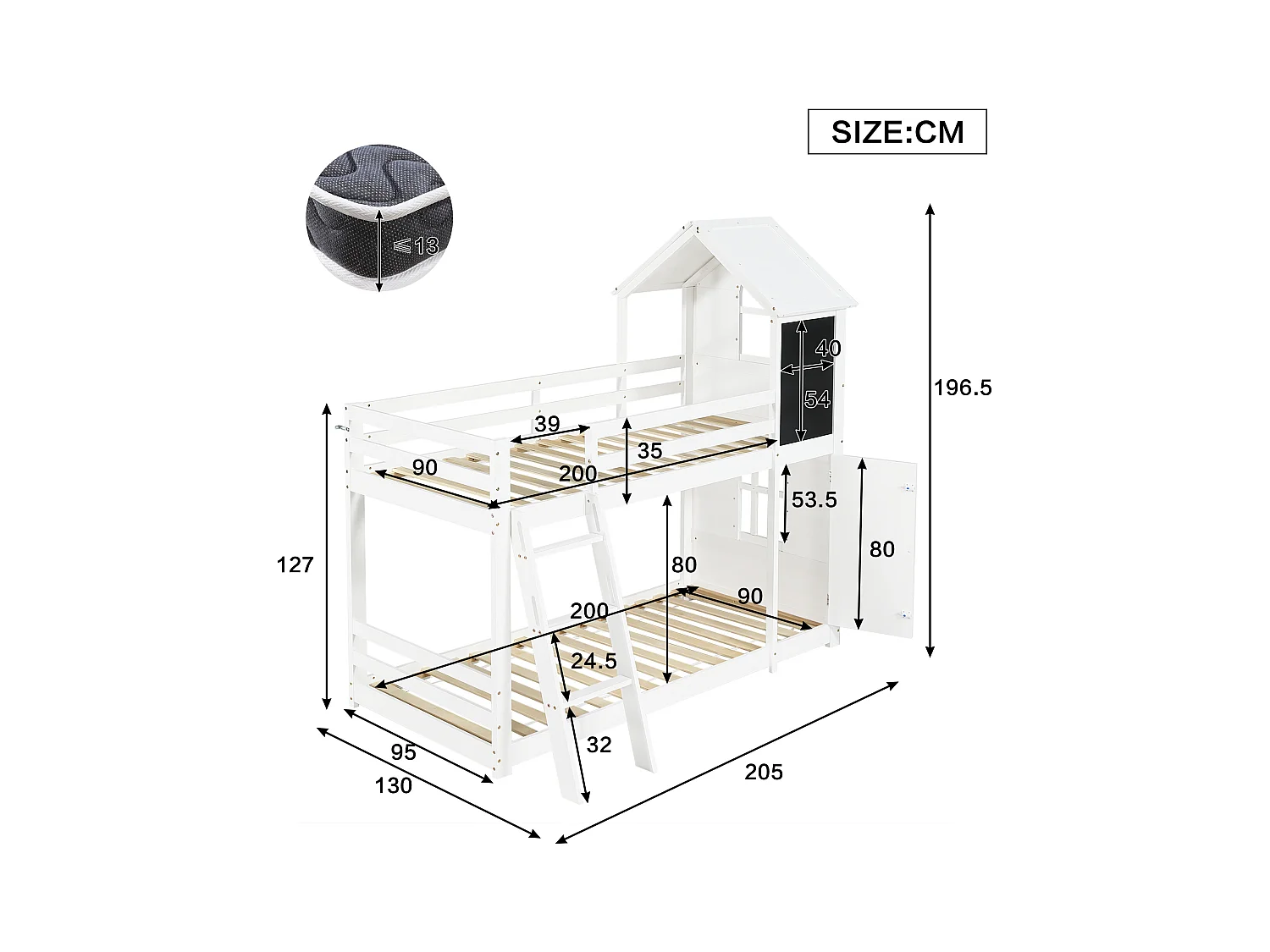 Lits superposés pour enfants 90x200cm - avec 1 porte et tableau noir - avec échelle - bois massif + MDF + PB + contreplaqué - Blanc (sans matelas)