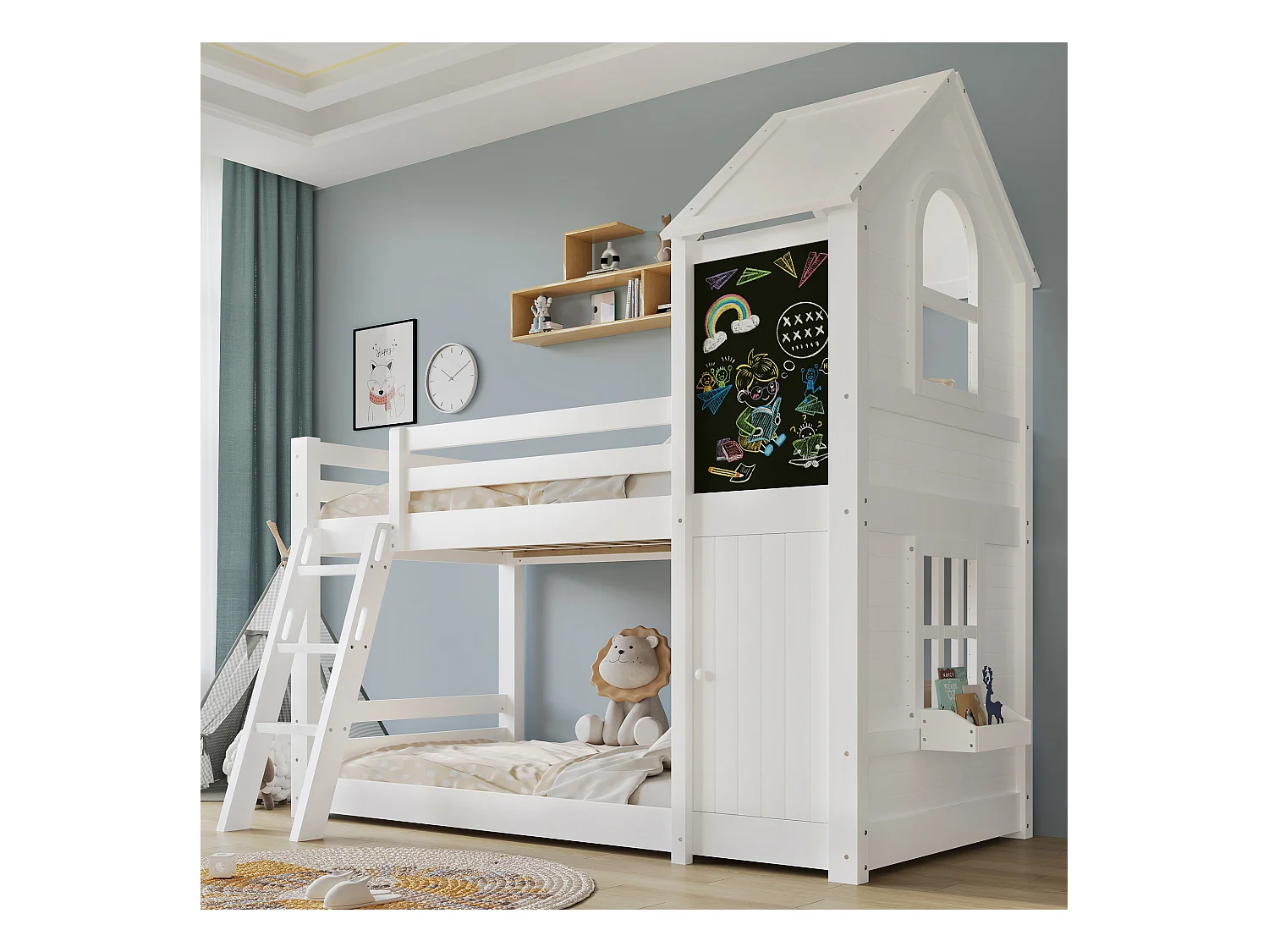 Lits superposés pour enfants 90x200cm - avec 1 porte et tableau noir - avec échelle - bois massif + MDF + PB + contreplaqué - Blanc (sans matelas)