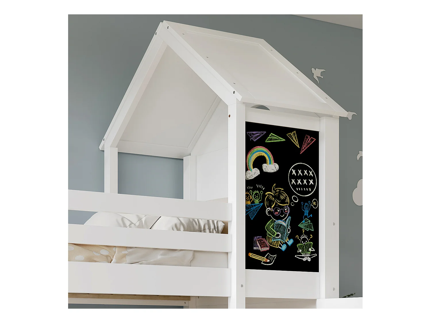 Lits superposés pour enfants 90x200cm - avec 1 porte et tableau noir - avec échelle - bois massif + MDF + PB + contreplaqué - Blanc (sans matelas)