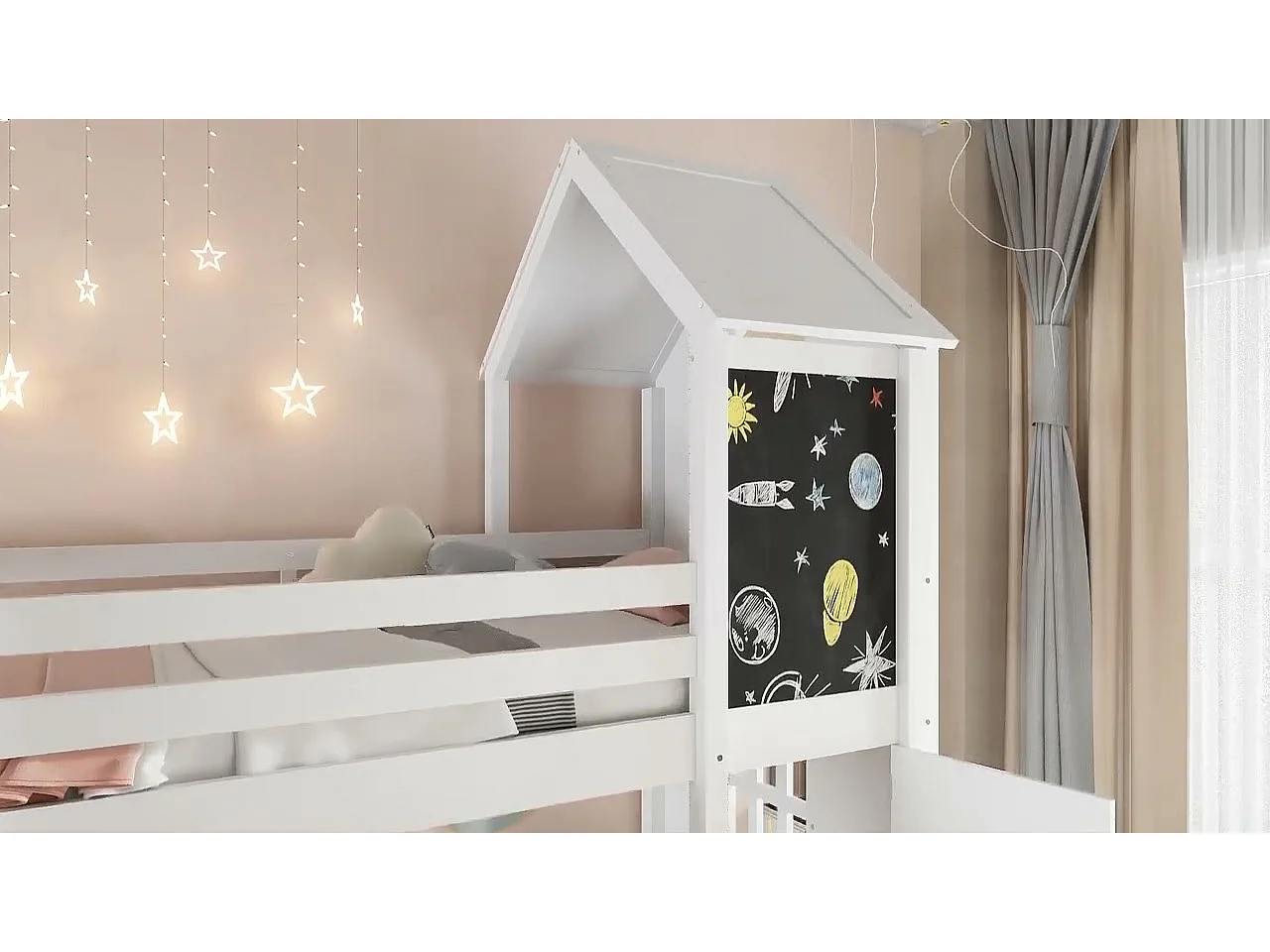 Kinderetagenbetten 90x200cm - Mit 1 Tür und Tafel - Mit Leiter - Massivholz + MDF + PB + Sperrholz - Weiß (ohne Matratze)