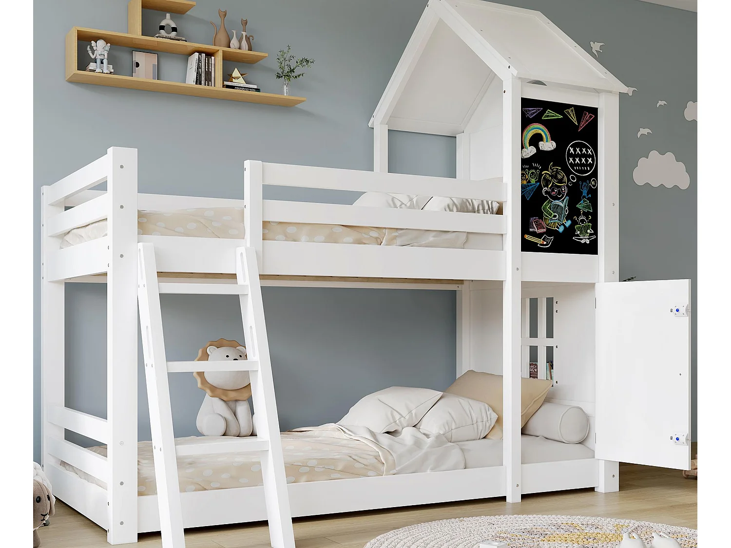 Kinderetagenbetten 90x200cm - Mit 1 Tür und Tafel - Mit Leiter - Massivholz + MDF + PB + Sperrholz - Weiß (ohne Matratze)