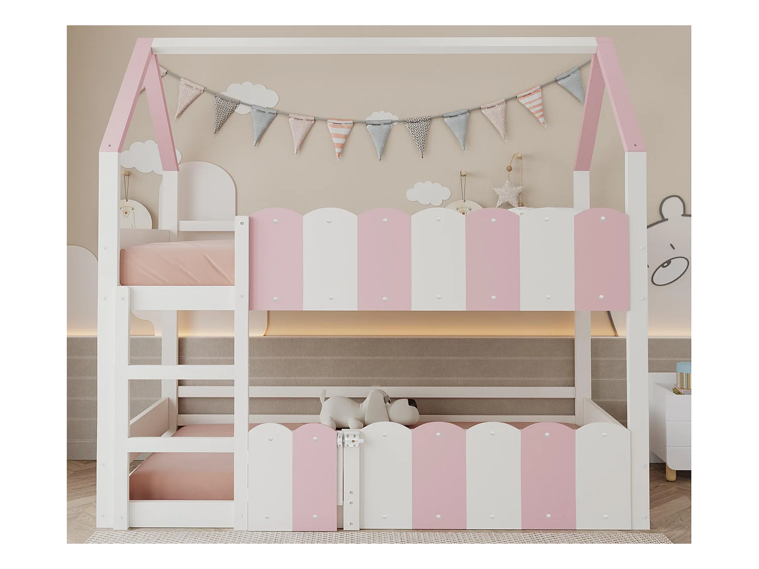 Lit superposé pour enfants 90x200 cm - design en forme de maison - avec barrières de sécurité - rose (matelas non inclus)