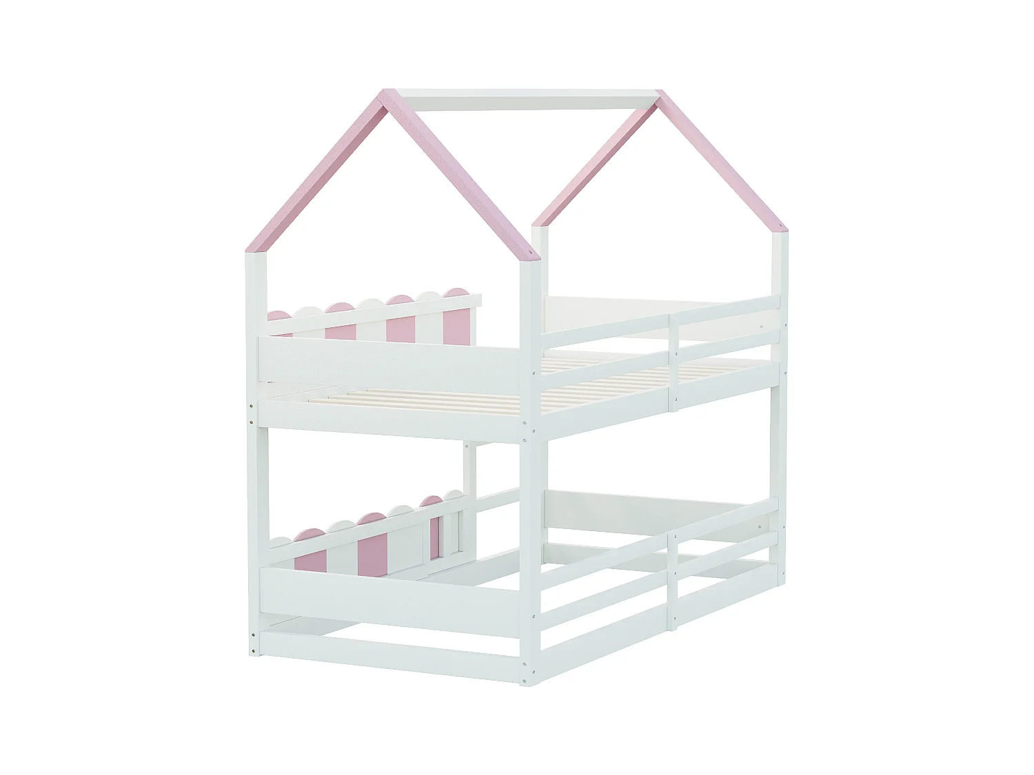 Lit superposé pour enfants 90x200 cm - design en forme de maison - avec barrières de sécurité - rose (matelas non inclus)