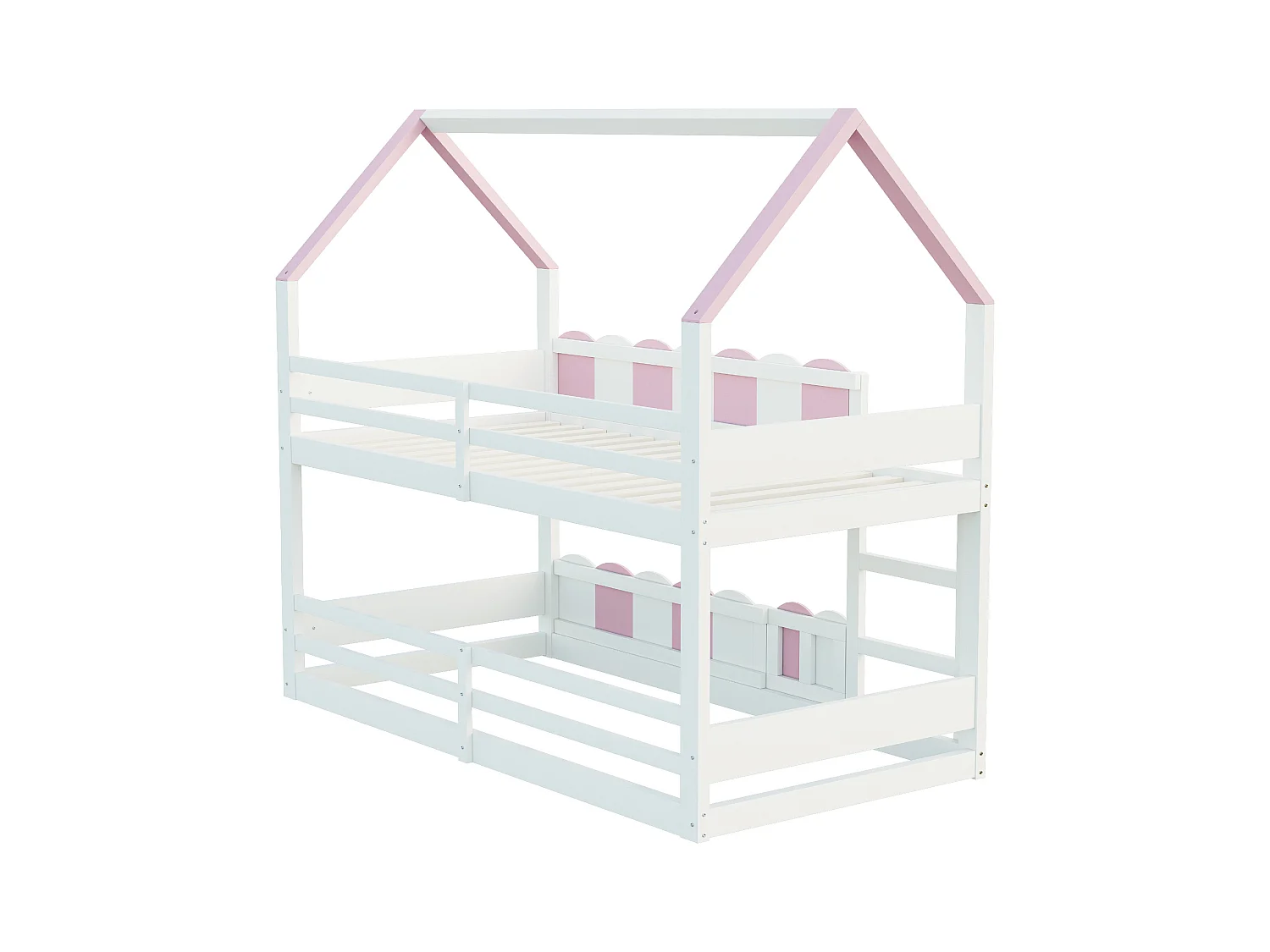 Lit superposé pour enfants 90x200 cm - design en forme de maison - avec barrières de sécurité - rose (matelas non inclus)