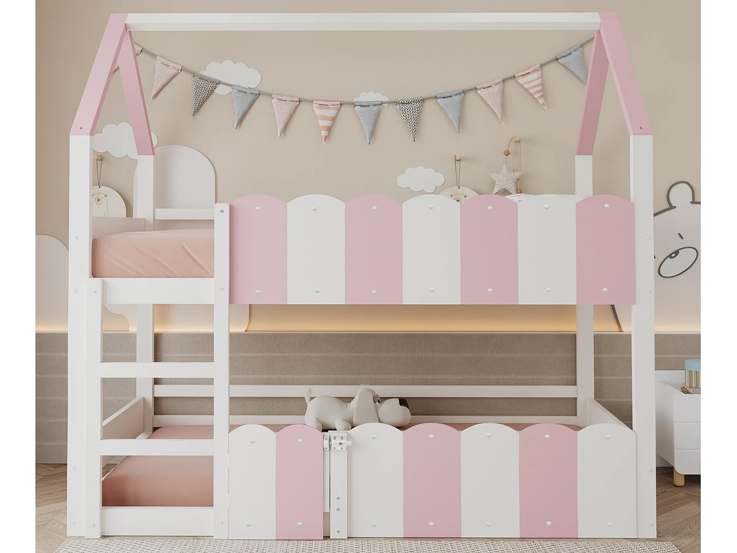 literas para niños 90x200 cm - Diseño en forma de casa - Con barreras de seguridad - ​​Rosa​​ (colchón no incluido)