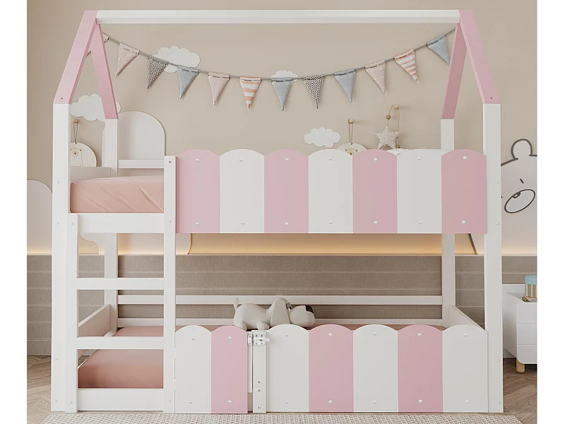 Stapelbedden voor kinderen 90x200 cm - Huisvormig design - Met veiligheidshekjes - ​​Roze​​ (matras niet inbegrepen)