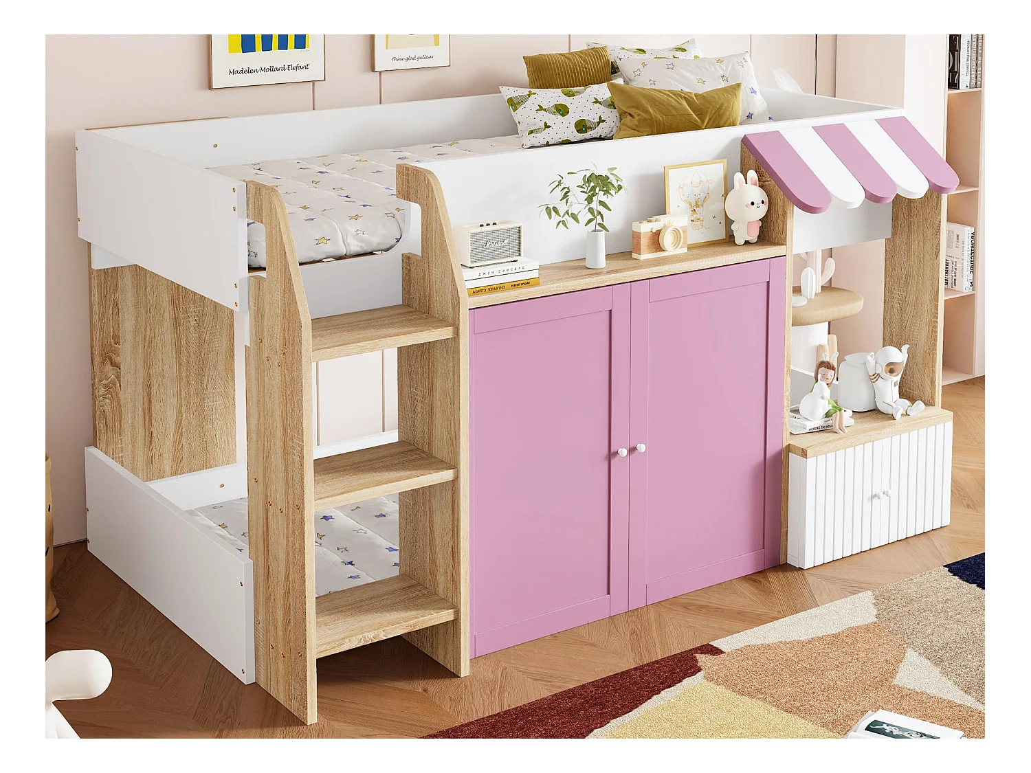 Lit enfant 90x200 cm - 4 portes - avec échelle -  Blanc + Rose (matelas non inclus)