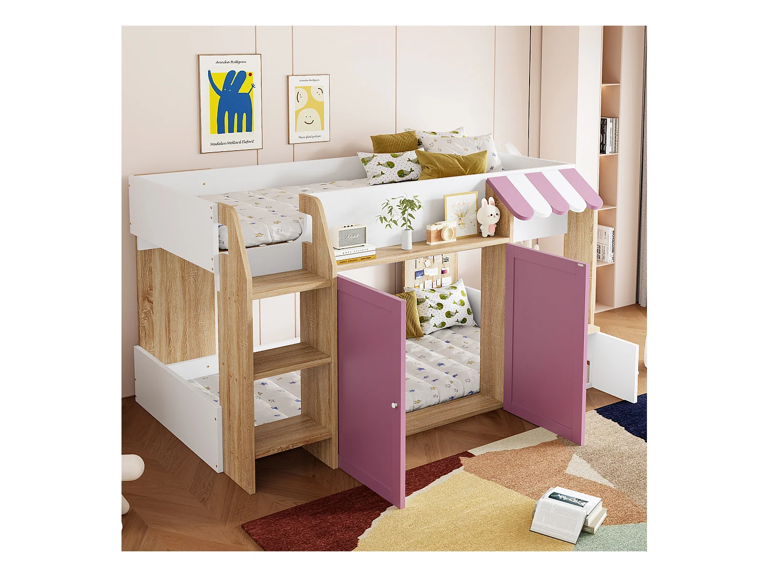 Lit enfant 90x200 cm - 4 portes - avec échelle -  Blanc + Rose (matelas non inclus)
