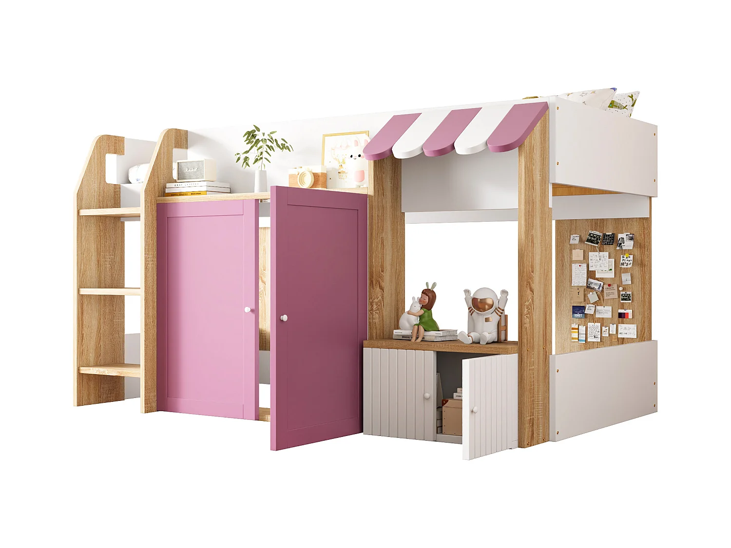 Lit enfant 90x200 cm - 4 portes - avec échelle -  Blanc + Rose (matelas non inclus)