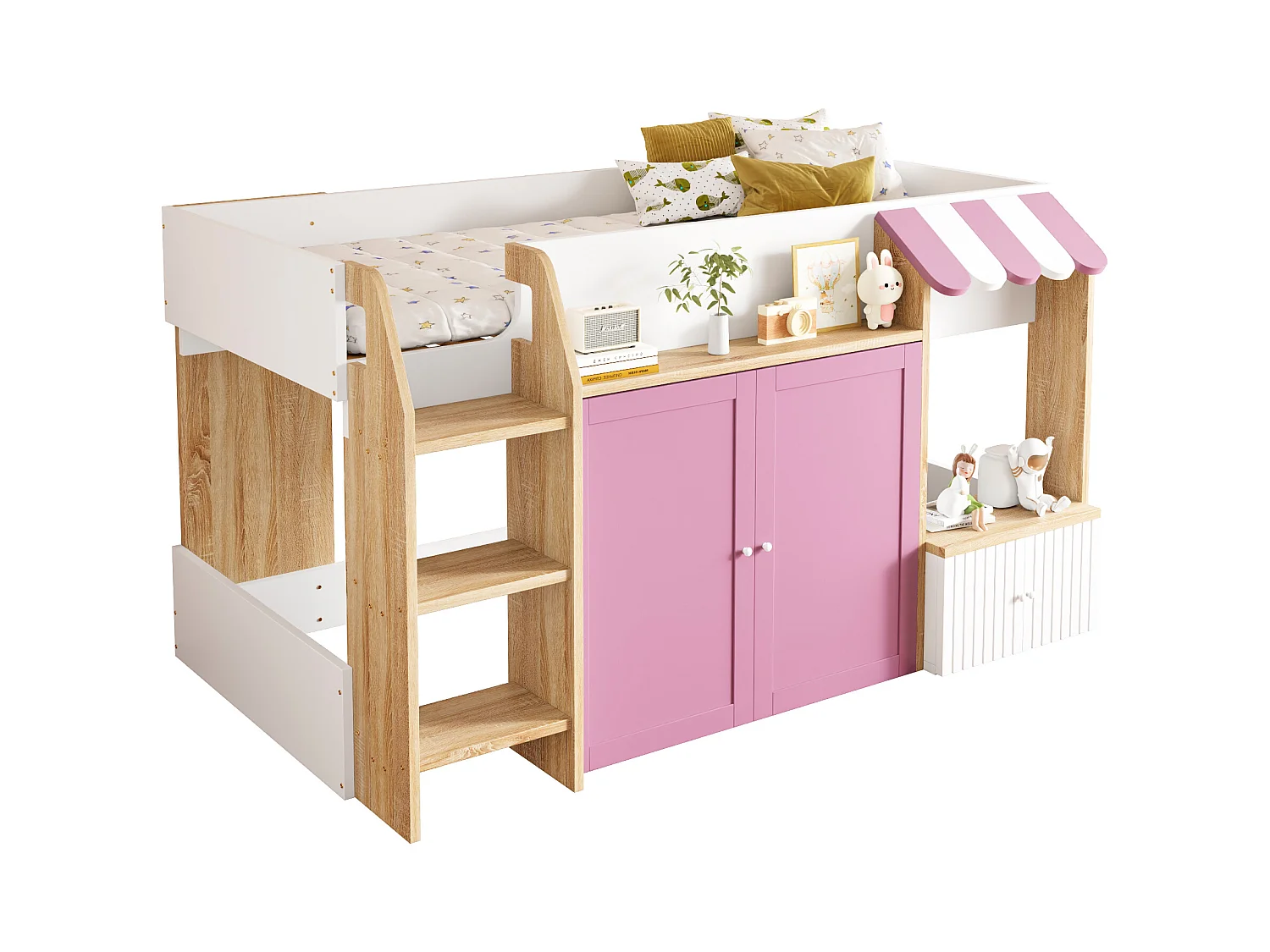 Lit enfant 90x200 cm - 4 portes - avec échelle -  Blanc + Rose (matelas non inclus)