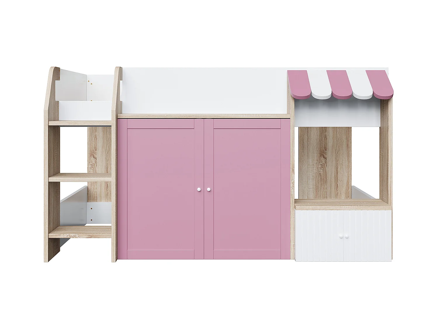 Lit enfant 90x200 cm - 4 portes - avec échelle -  Blanc + Rose (matelas non inclus)