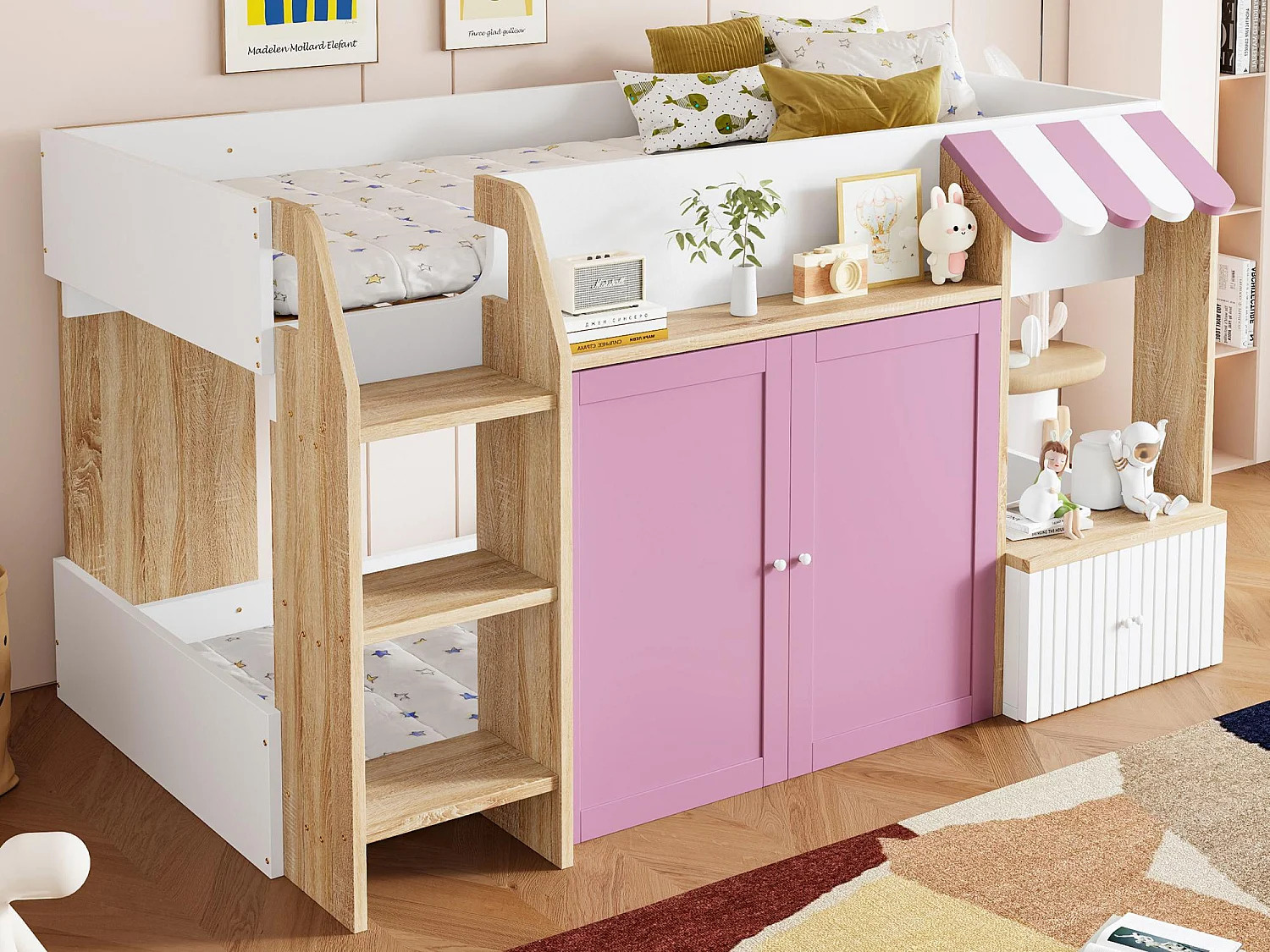 Kinderbed 90x200 cm - 4 deuren - Met ladder - ​​Wit + Roze​​ (matras niet inbegrepen)