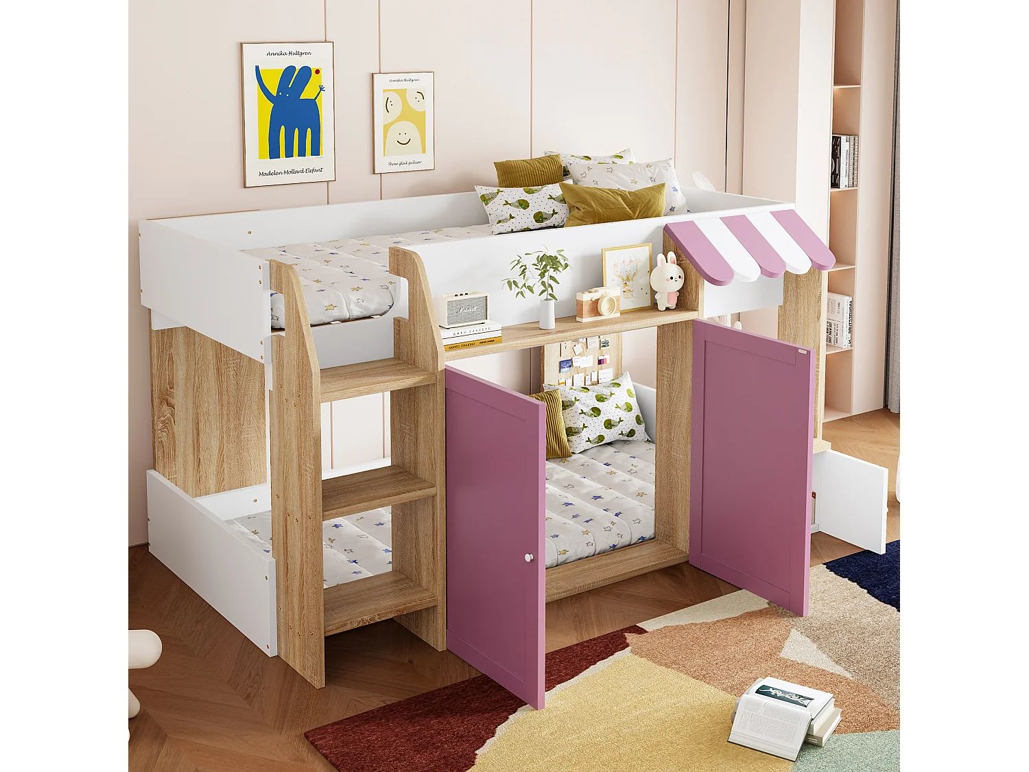 Kinderbed 90x200 cm - 4 deuren - Met ladder - ​​Wit + Roze​​ (matras niet inbegrepen)