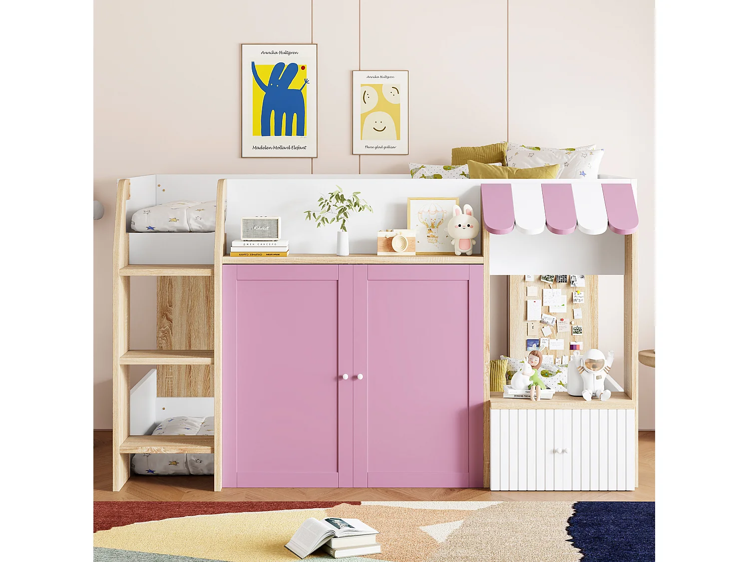 Kinderbed 90x200 cm - 4 deuren - Met ladder - ​​Wit + Roze​​ (matras niet inbegrepen)